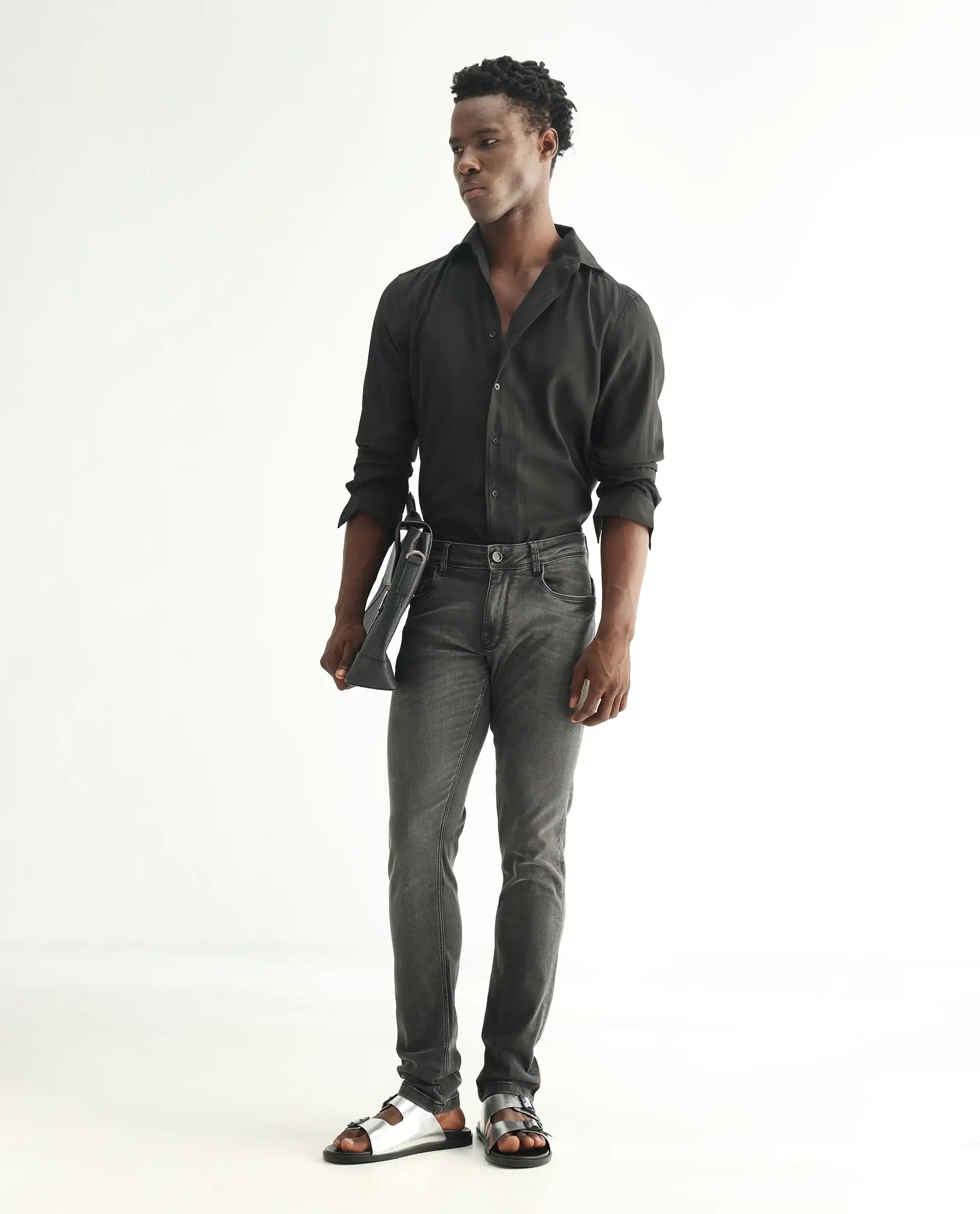 Rare Rabbit Men's Veu Grey Cotton Plain Hawk Slim Fit Jeans