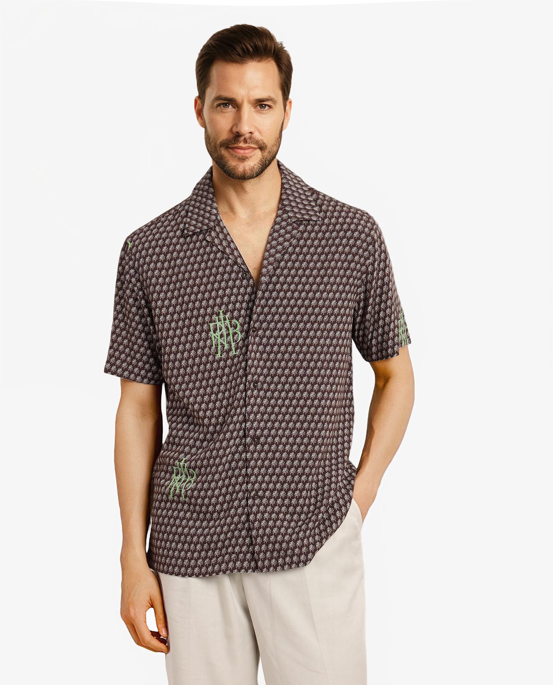 Rare Rabbit Men Vex Brown Viscose Fabric Short Sleeve Cuban Collar Boxy Fit Monogram Print Shirt