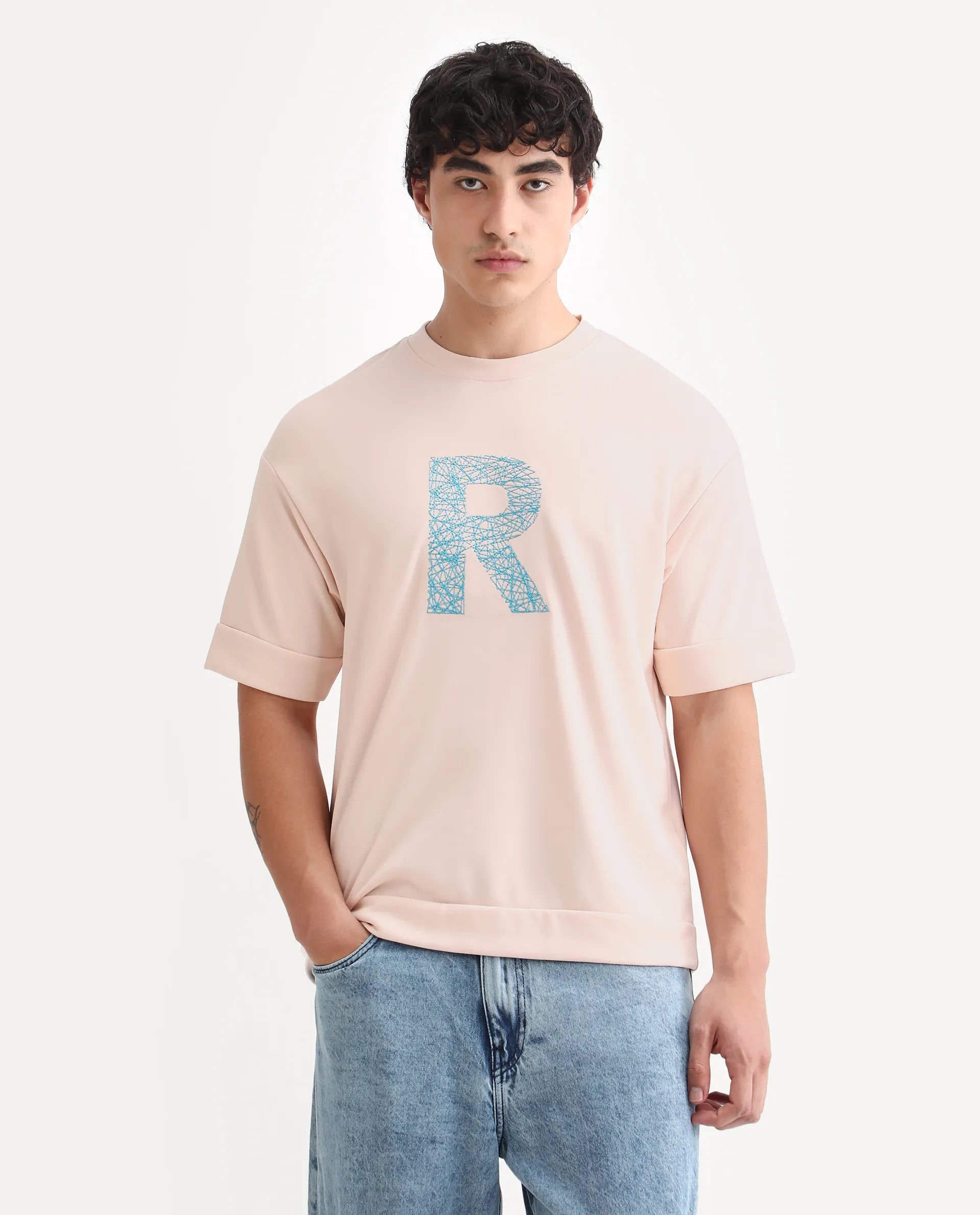 Rare Rabbit Men's Vexi Pastel Orange Cotton Blend Embroidered Oversized Fit Half Sleeve Crew Neck T-Shirt