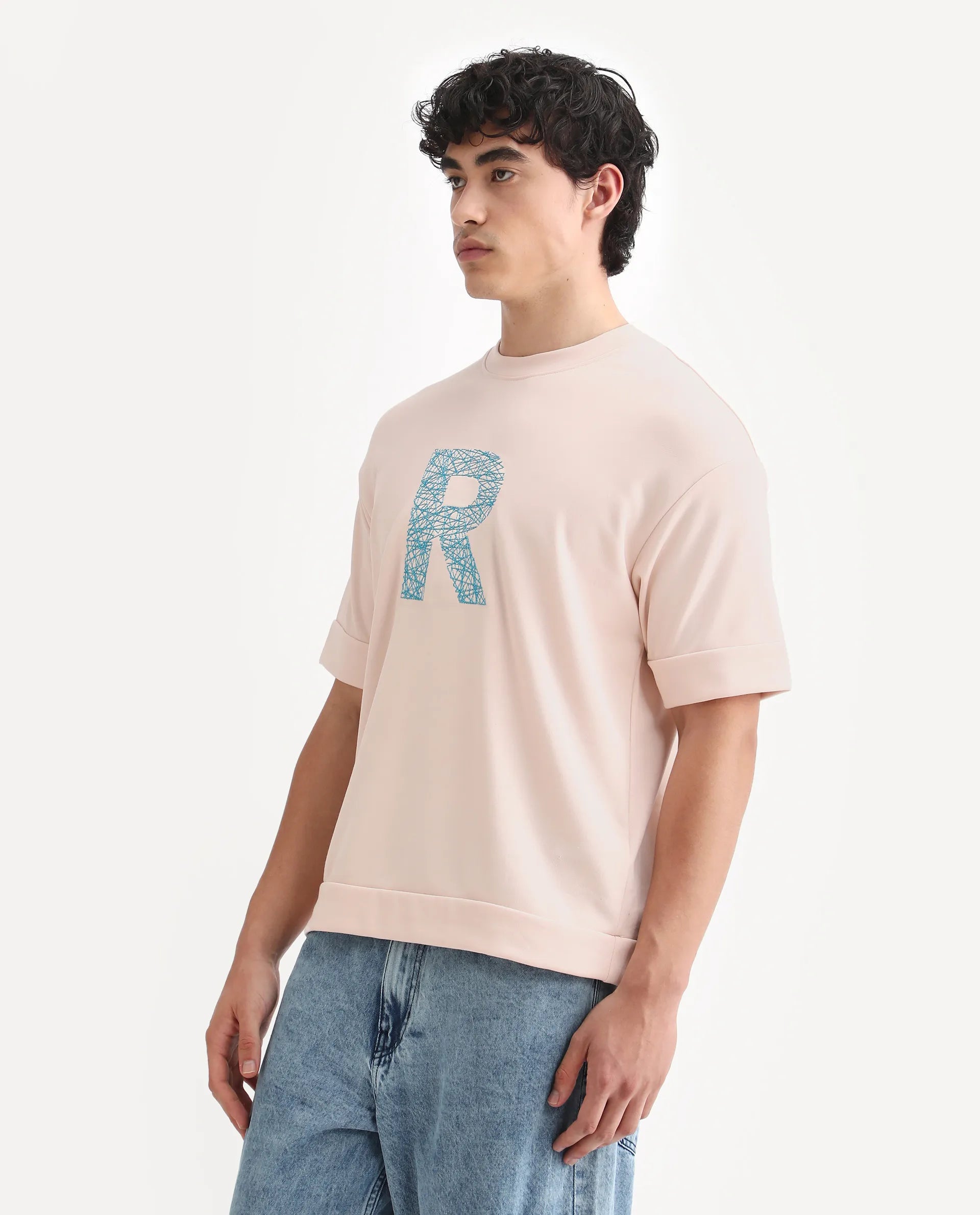 Rare Rabbit Men's Vexi Pastel Orange Cotton Blend Embroidered Oversized Fit Half Sleeve Crew Neck T-Shirt