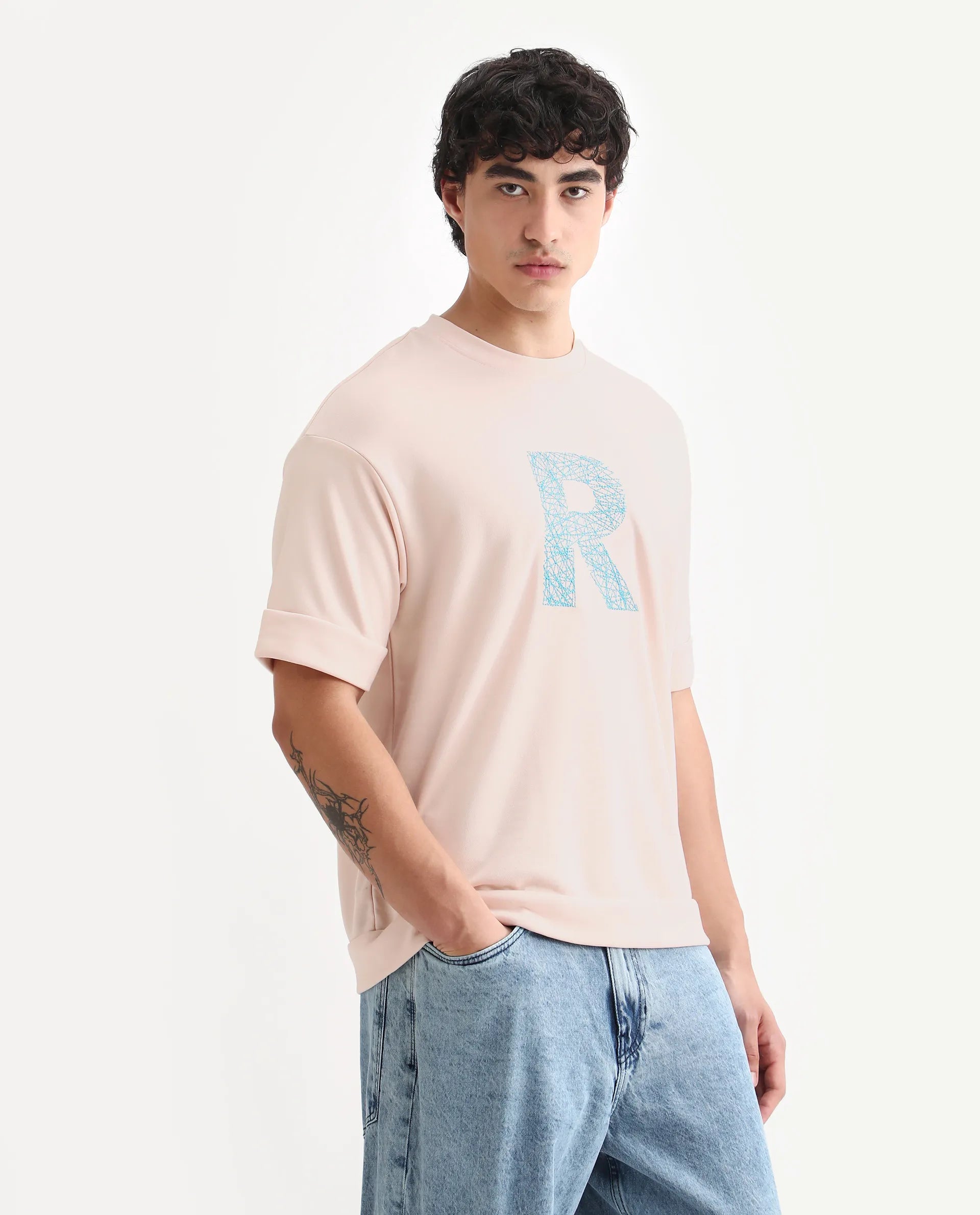 Rare Rabbit Men's Vexi Pastel Orange Cotton Blend Embroidered Oversized Fit Half Sleeve Crew Neck T-Shirt