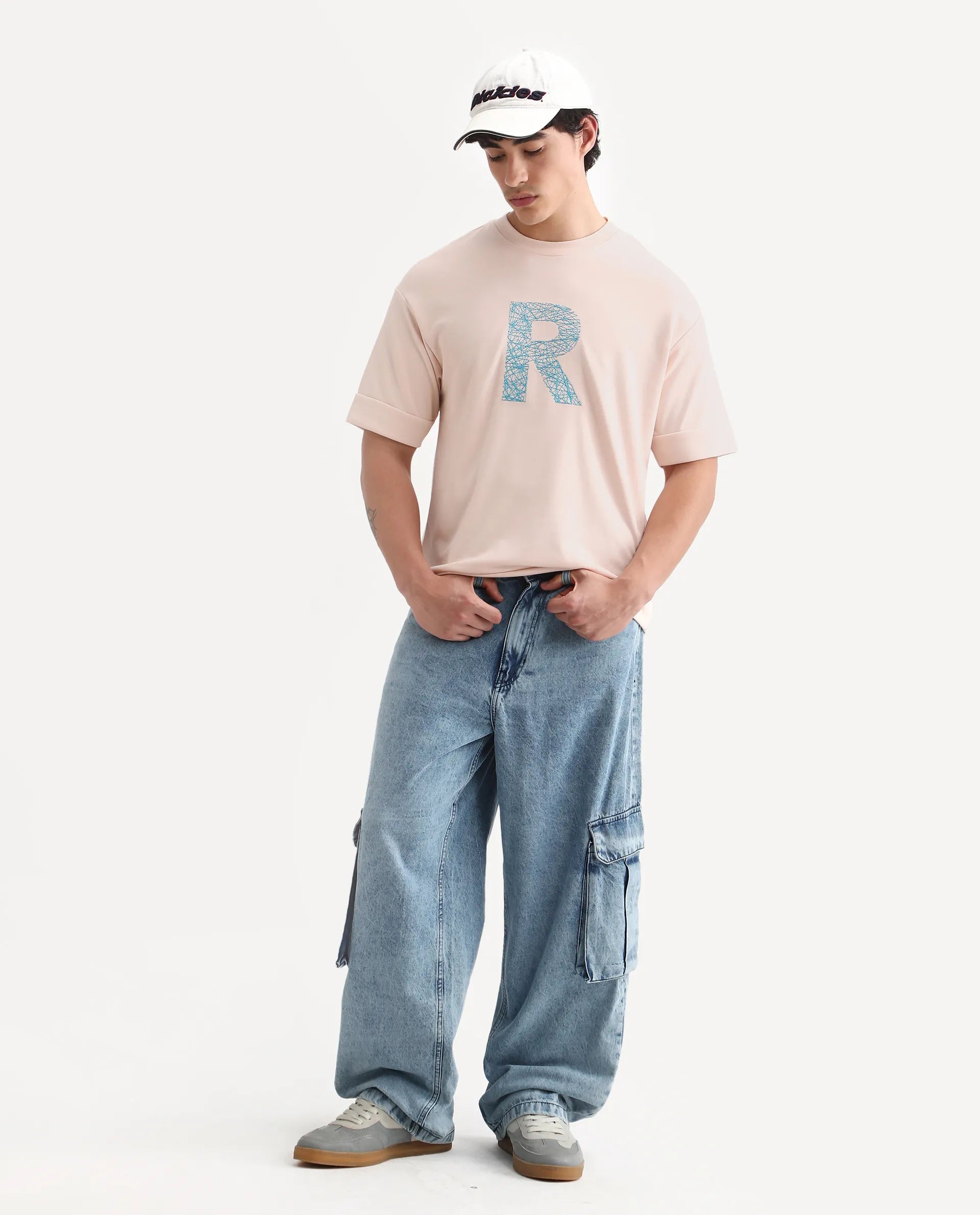 Rare Rabbit Men's Vexi Pastel Orange Cotton Blend Embroidered Oversized Fit Half Sleeve Crew Neck T-Shirt