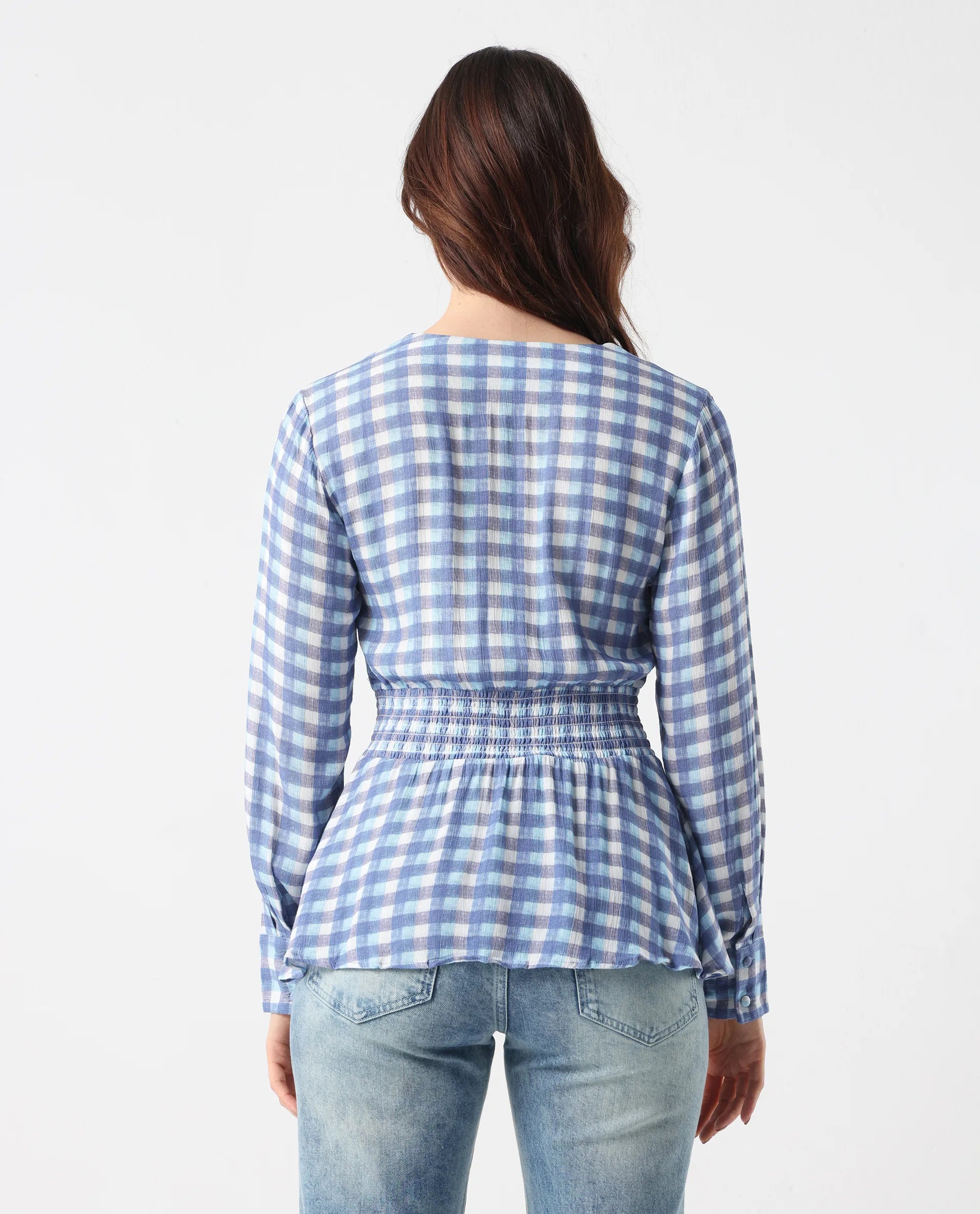 Rareism Women's Vibooy Blue Rayon V-Neck Flannel Print Cuffed Sleeve Regular Fit Top