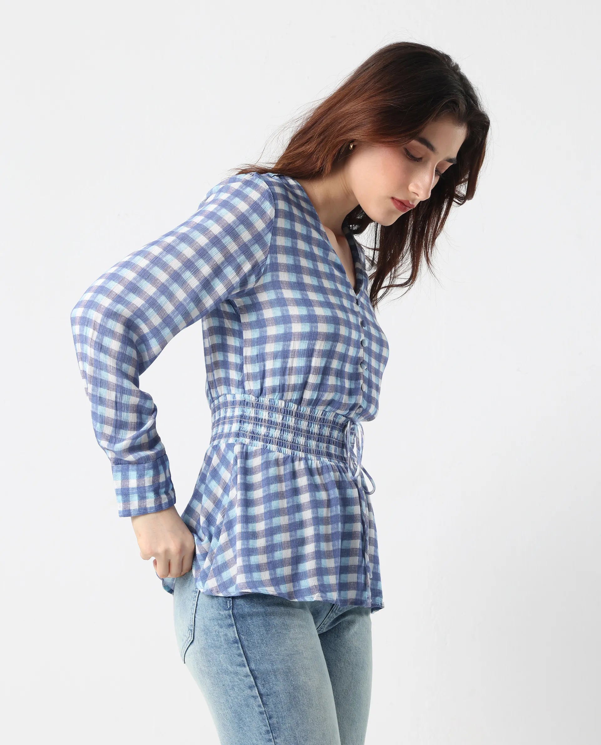 Rareism Women's Vibooy Blue Rayon V-Neck Flannel Print Cuffed Sleeve Regular Fit Top