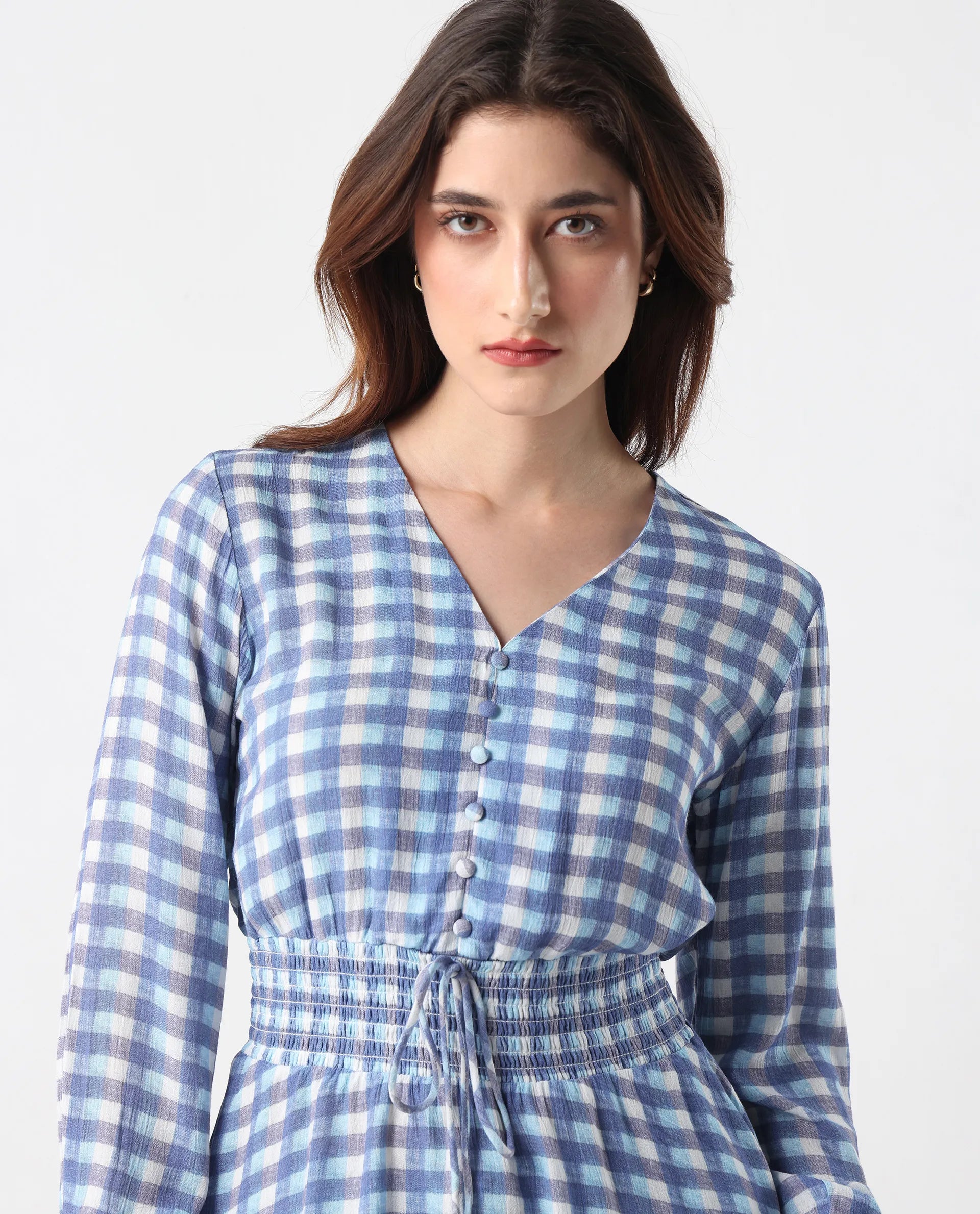 Rareism Women's Vibooy Blue Rayon V-Neck Flannel Print Cuffed Sleeve Regular Fit Top