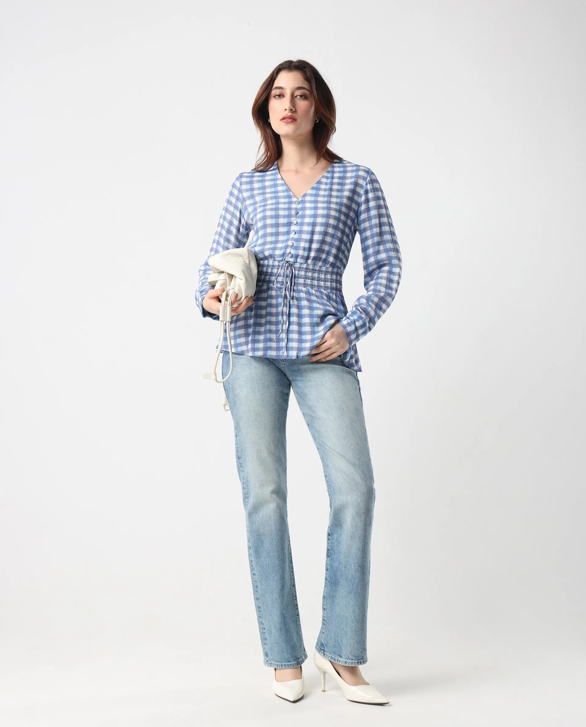 Rareism Women's Vibooy Blue Rayon V-Neck Flannel Print Cuffed Sleeve Regular Fit Top