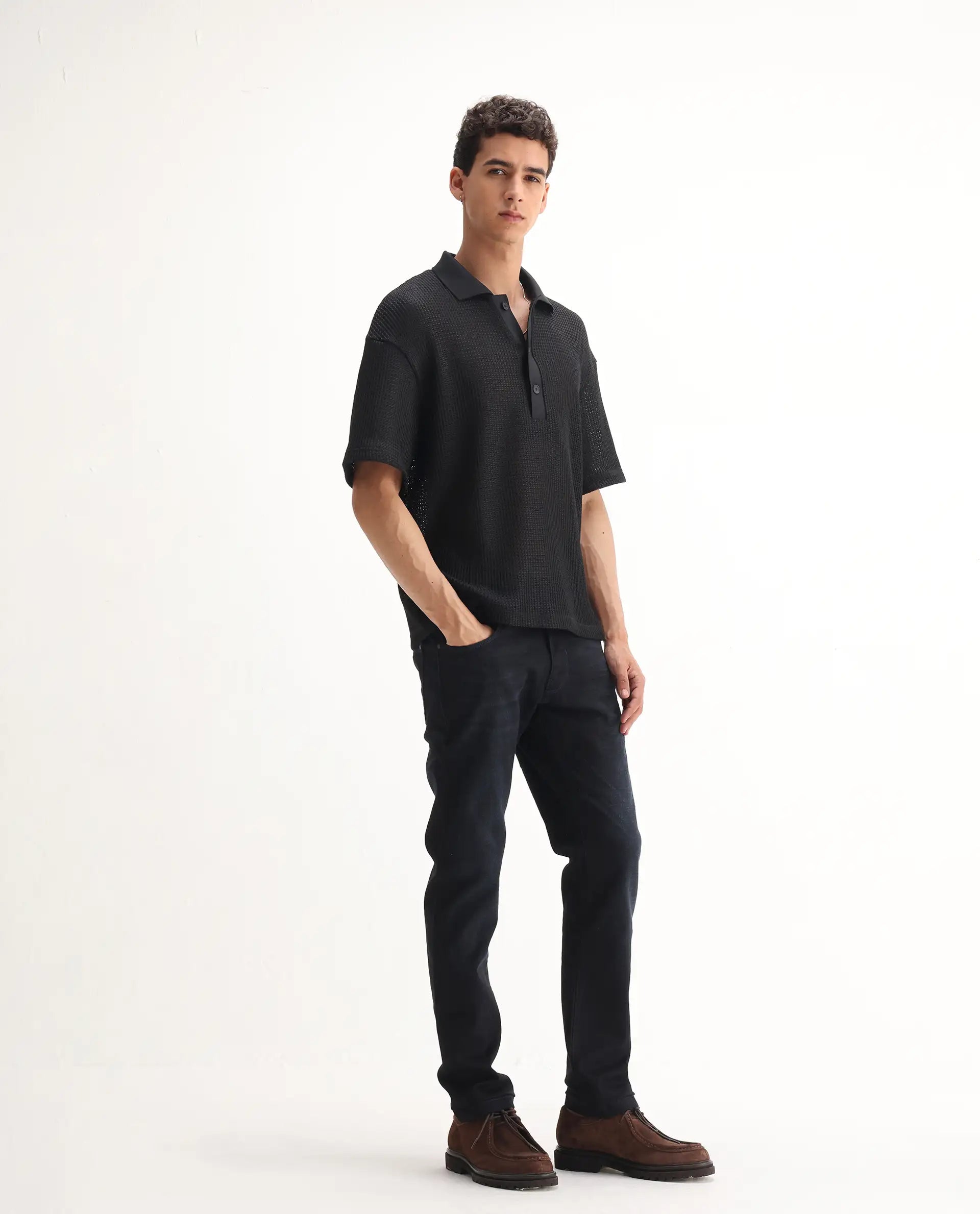 Rare Rabbit Men's Victo Navy Cotton Plain Hawk Slim Fit Jeans