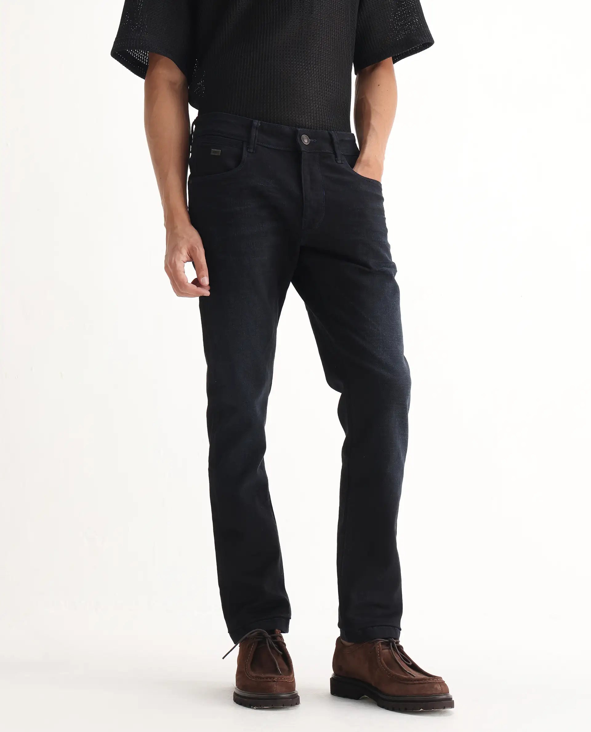 Rare Rabbit Men's Victo Navy Cotton Plain Hawk Slim Fit Jeans