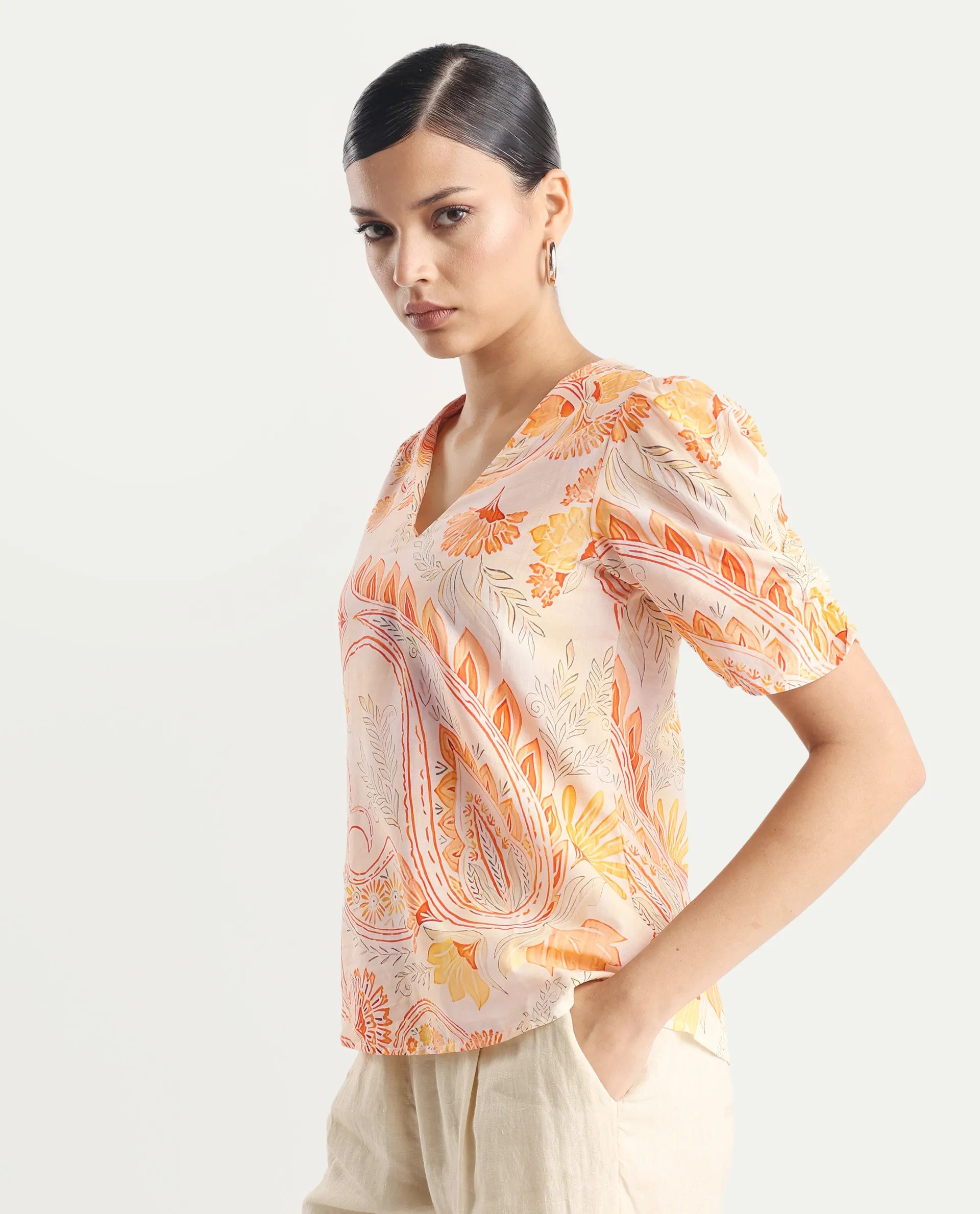 Rareism Women's Vigeveno Light Multi Cotton V-Neck Paisley Print Puff Sleeves Regular Fit Top