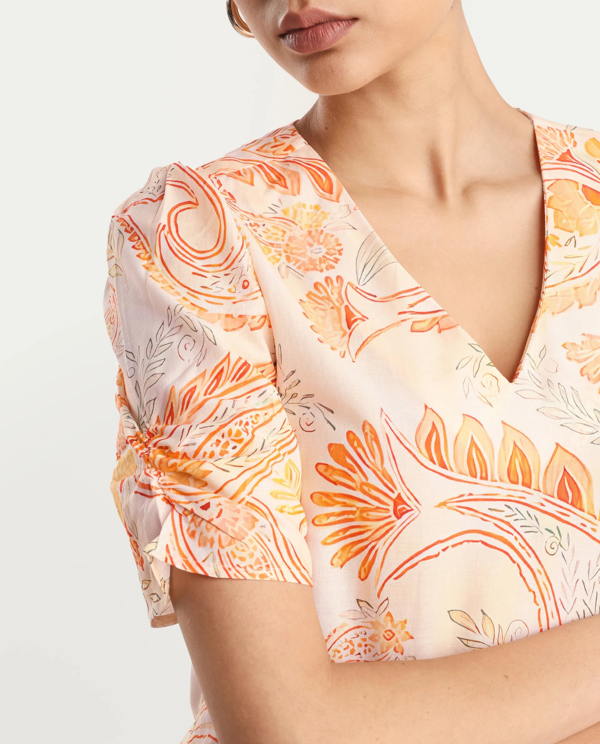 Rareism Women's Vigeveno Light Multi Cotton V-Neck Paisley Print Puff Sleeves Regular Fit Top