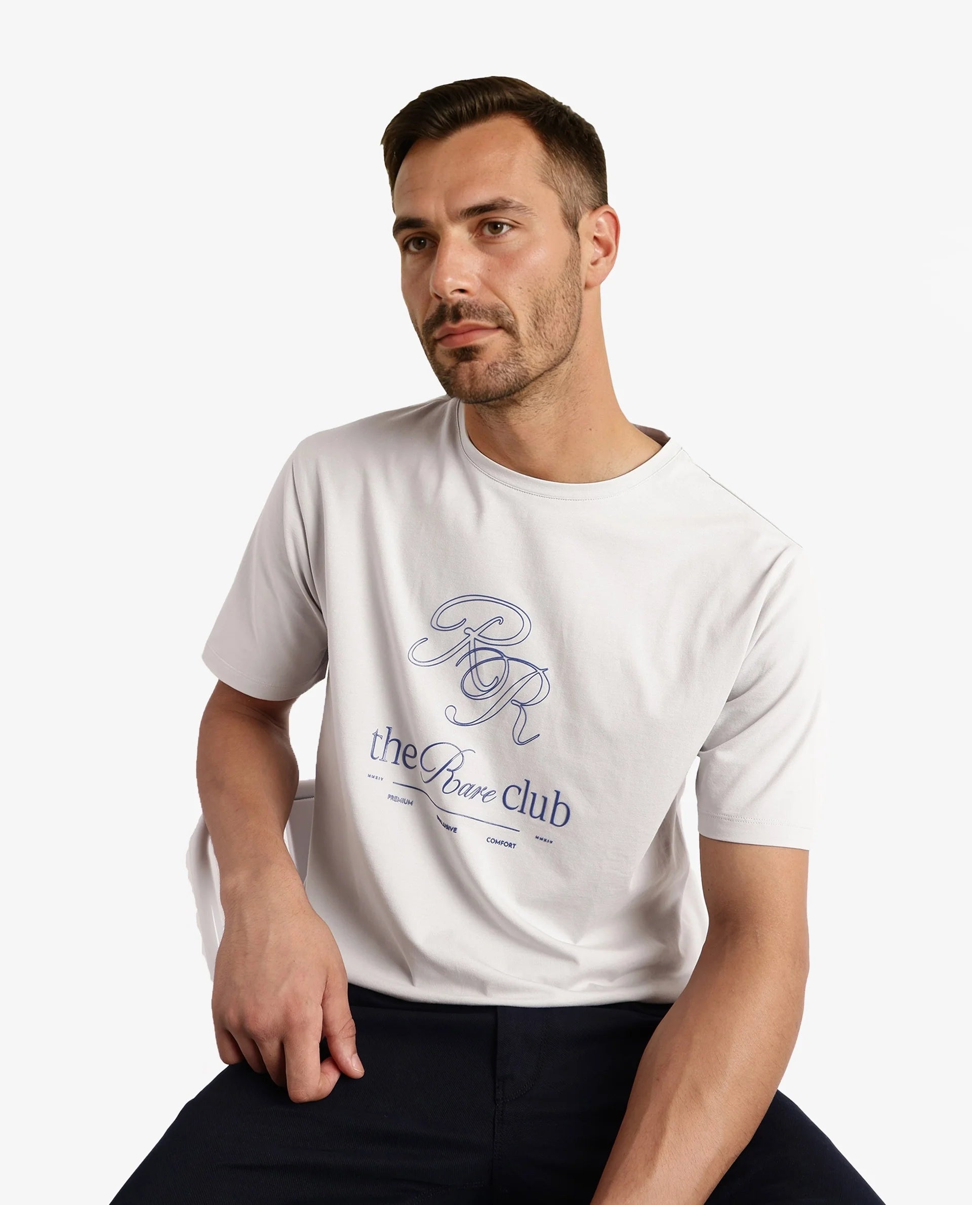 Rare Rabbit Men Vin Dusky Grey Cotton Lycra Fabric Short Sleeve Crew Neck Regular Fit HD Print T-Shirt