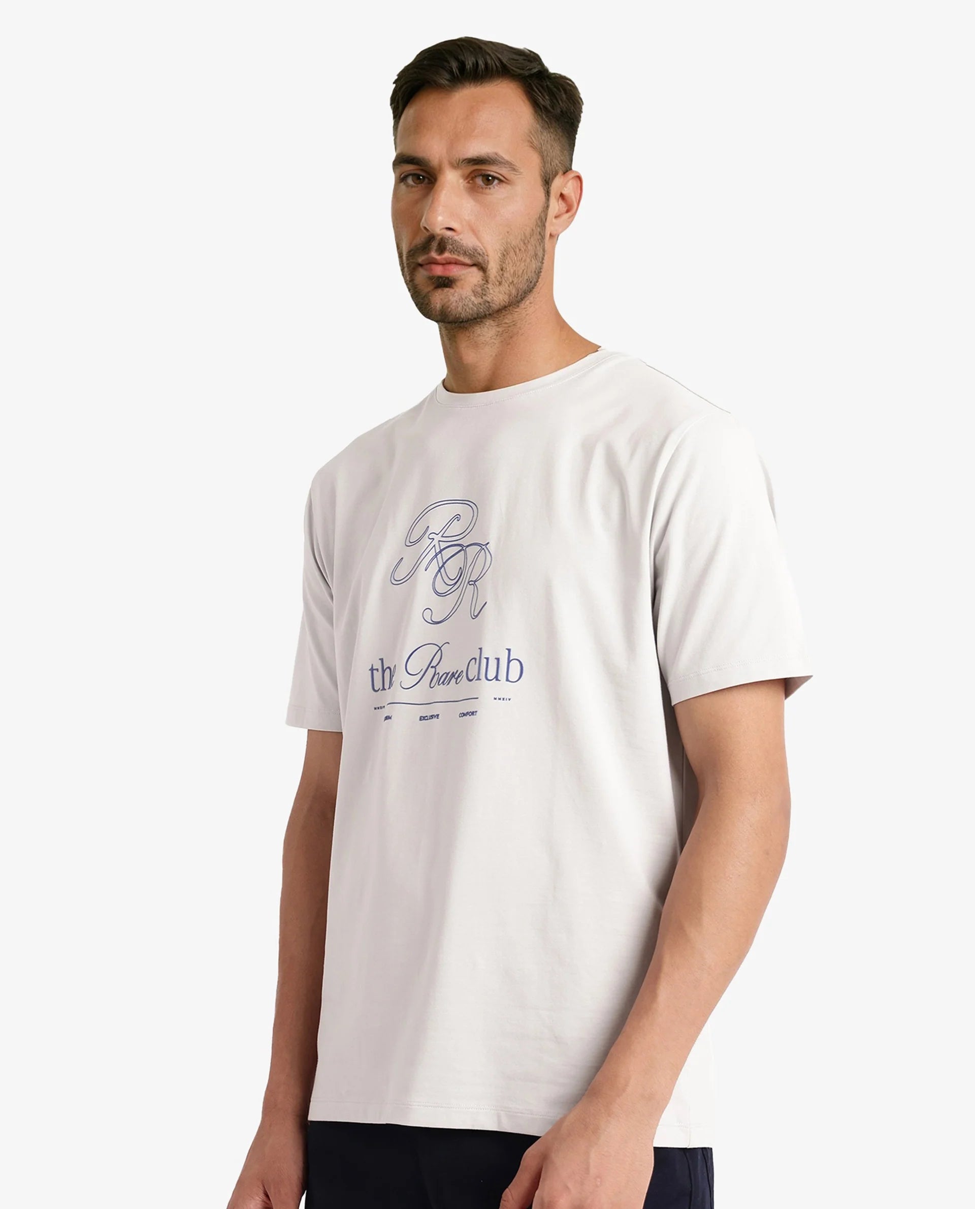 Rare Rabbit Men Vin Dusky Grey Cotton Lycra Fabric Short Sleeve Crew Neck Regular Fit HD Print T-Shirt