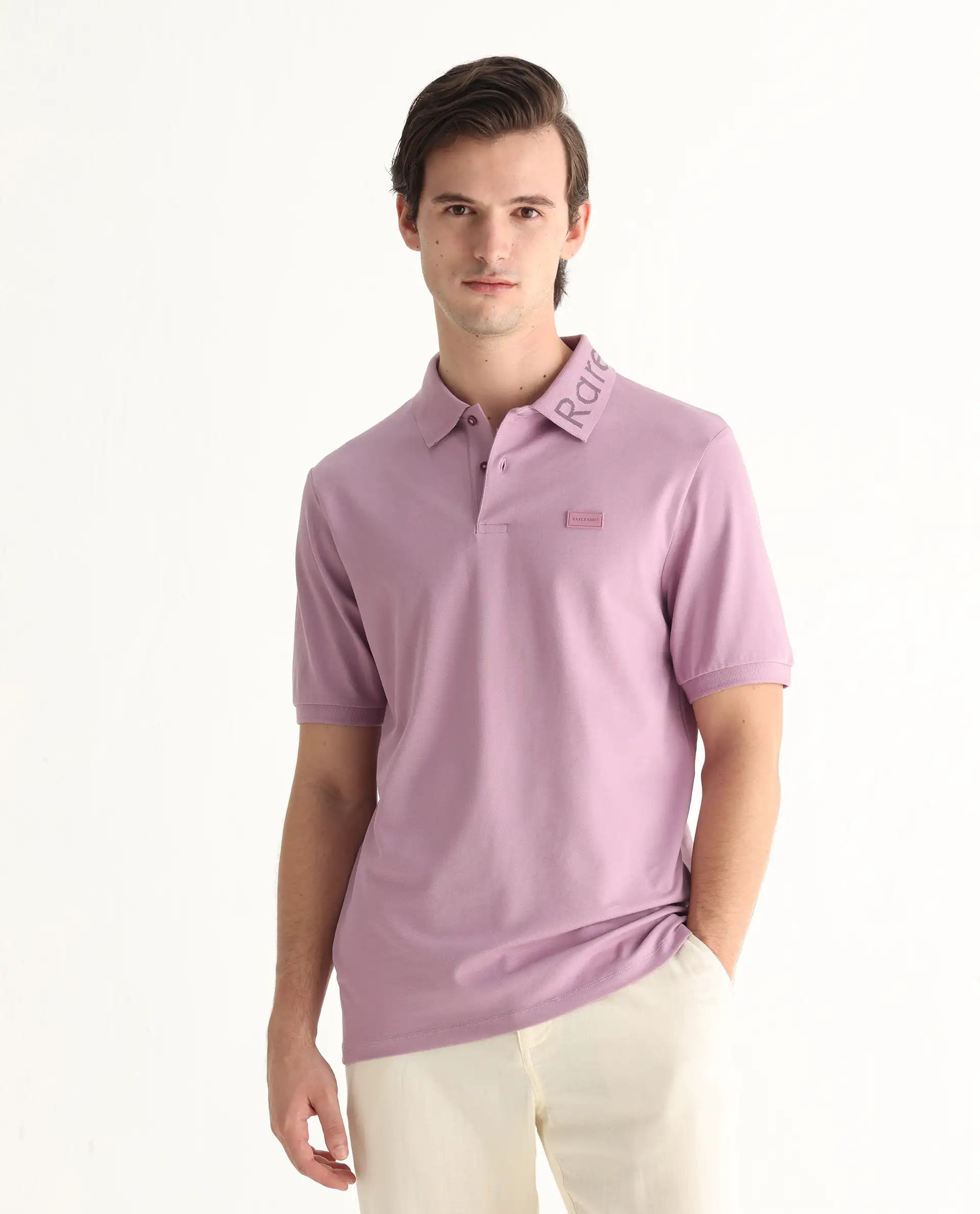Rare Rabbit Men's Vinc Dusky Pink Cotton Plain Regular Fit Half Sleeve Polo