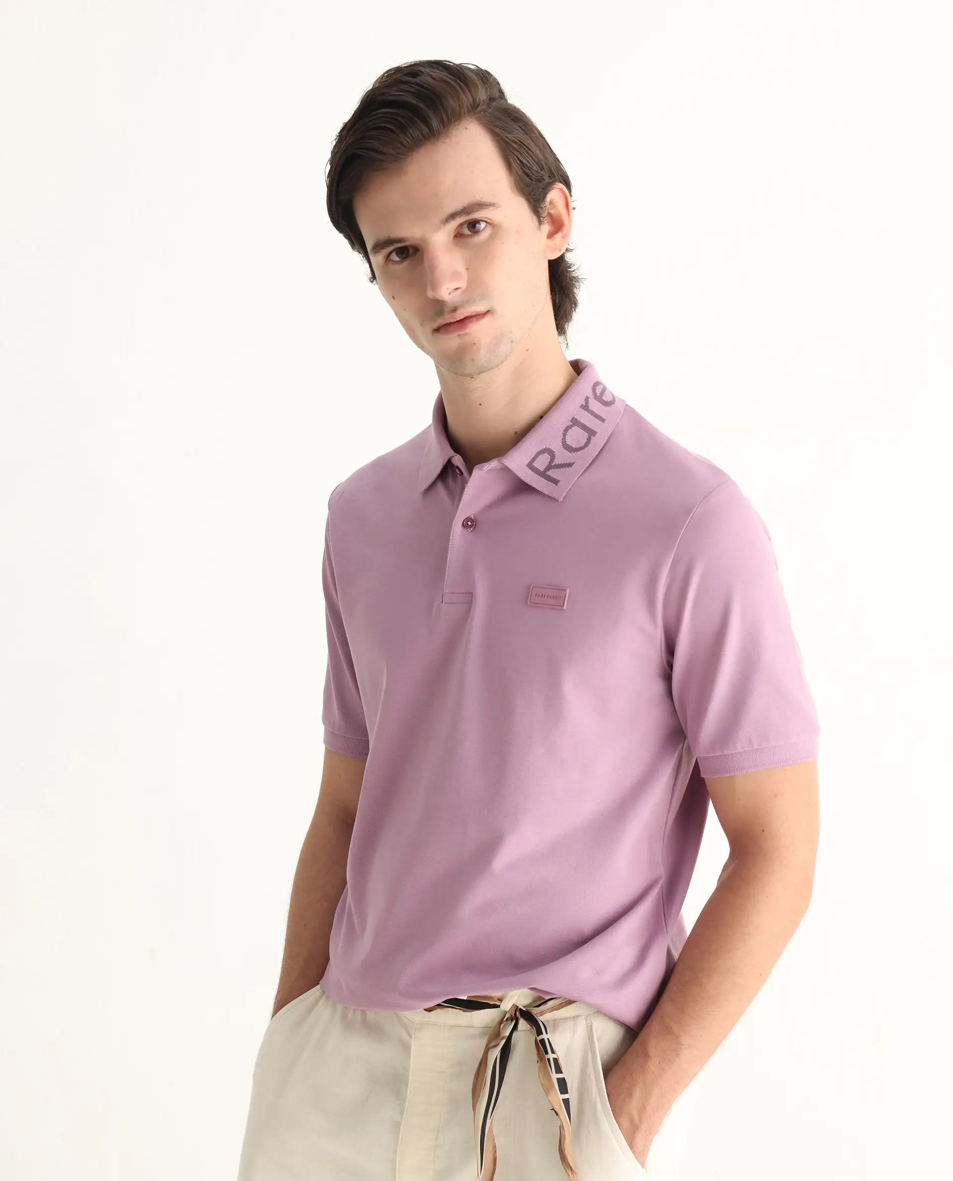 Rare Rabbit Men's Vinc Dusky Pink Cotton Plain Regular Fit Half Sleeve Polo