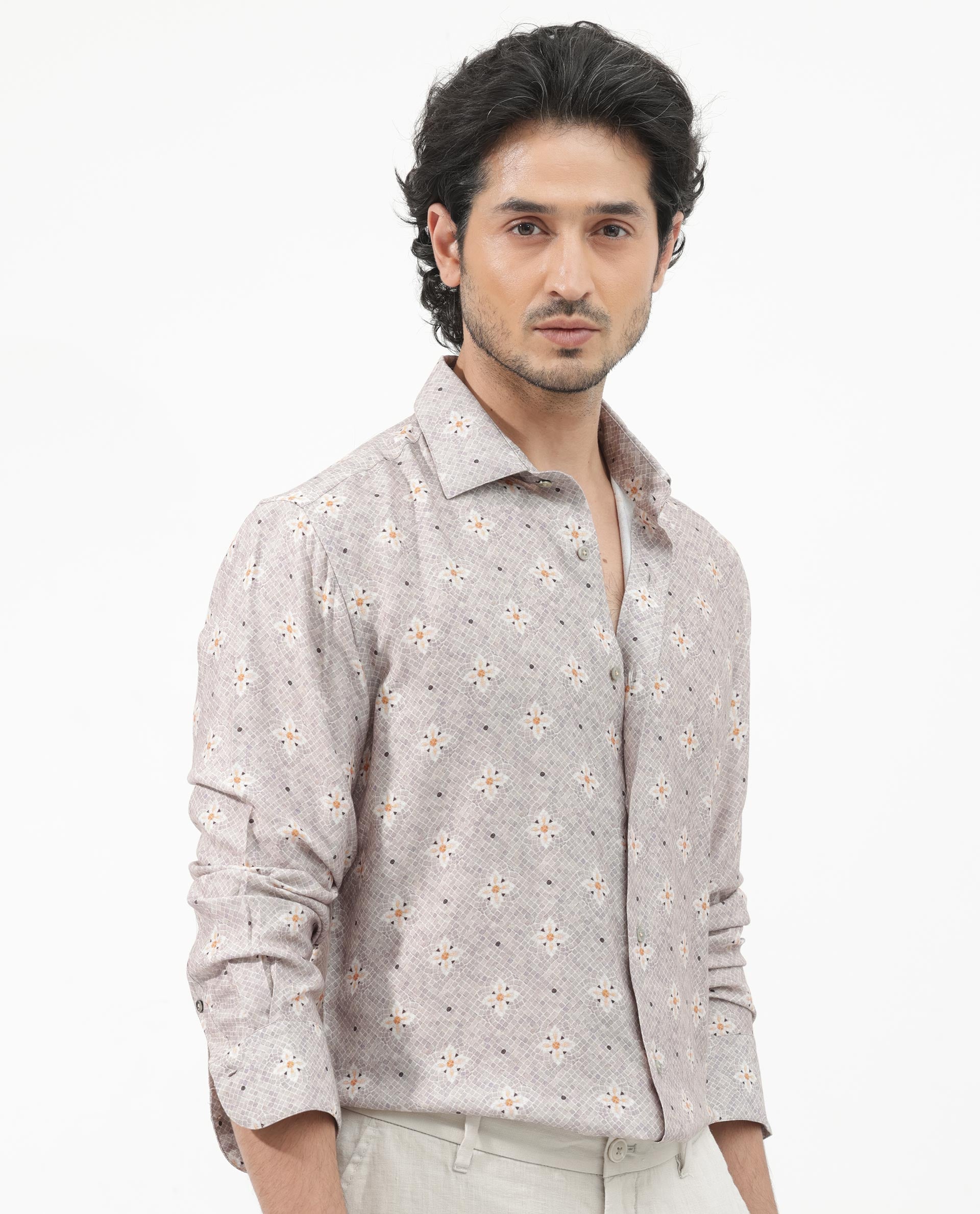 Rare Rabbit Mens Vinter Light Grey Regular Collar Full Sleeve Floral Print Shirt