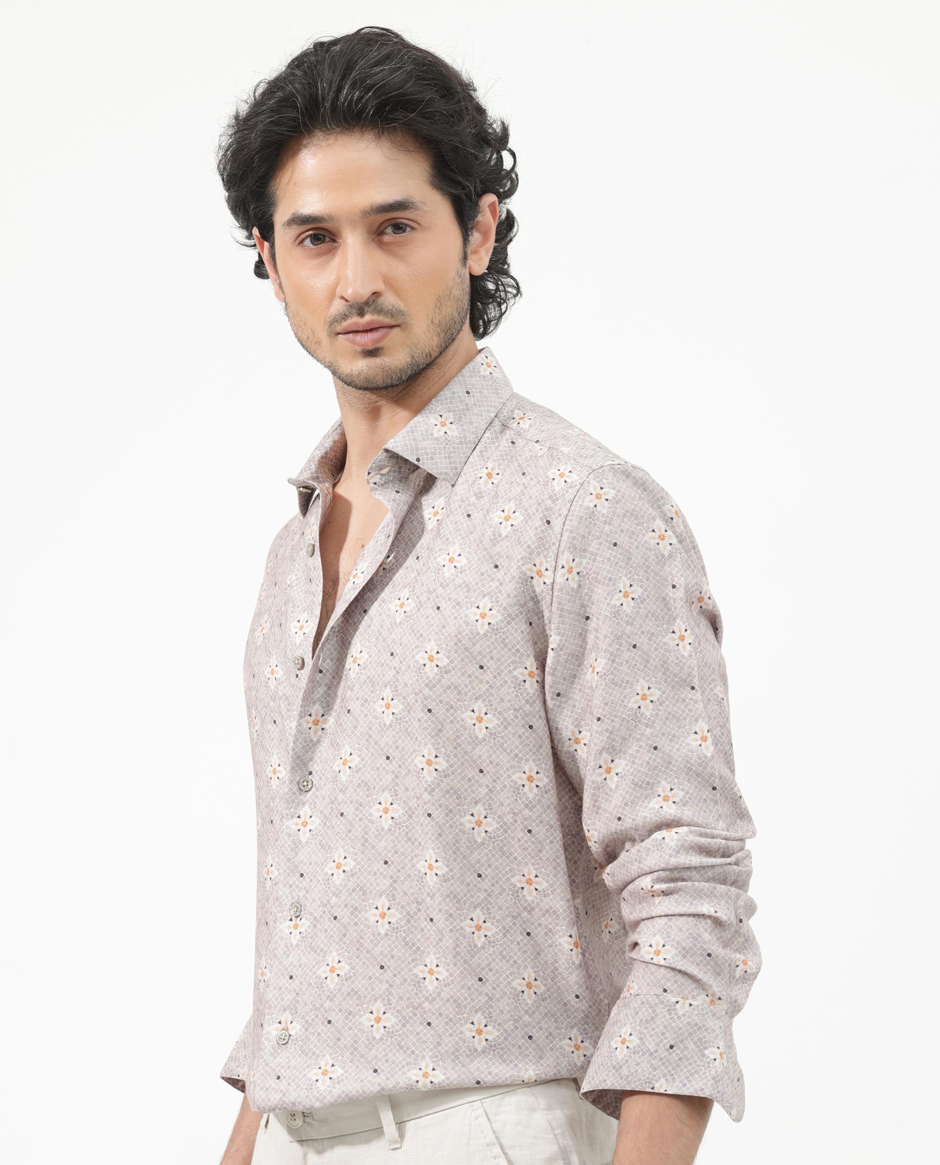 Rare Rabbit Mens Vinter Light Grey Regular Collar Full Sleeve Floral Print Shirt