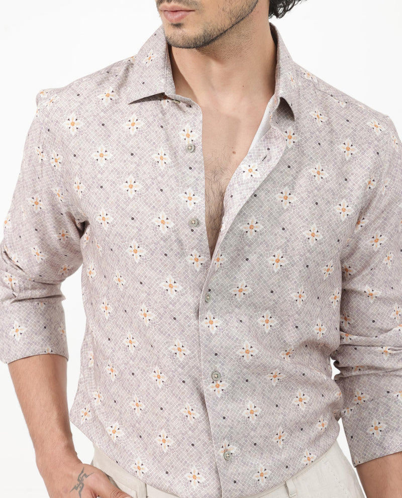 Rare Rabbit Mens Vinter Light Grey Regular Collar Full Sleeve Floral Print Shirt