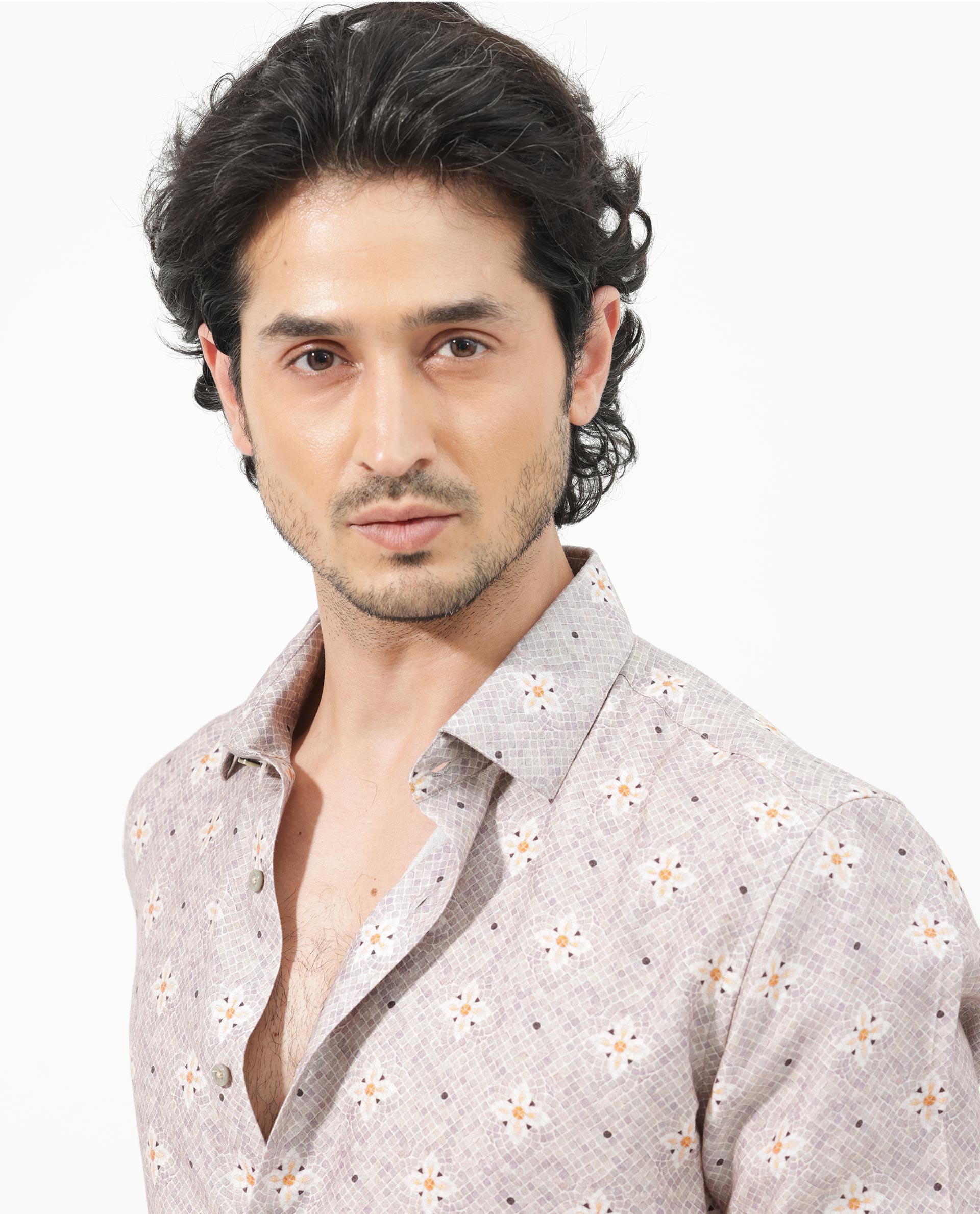 Rare Rabbit Mens Vinter Light Grey Regular Collar Full Sleeve Floral Print Shirt