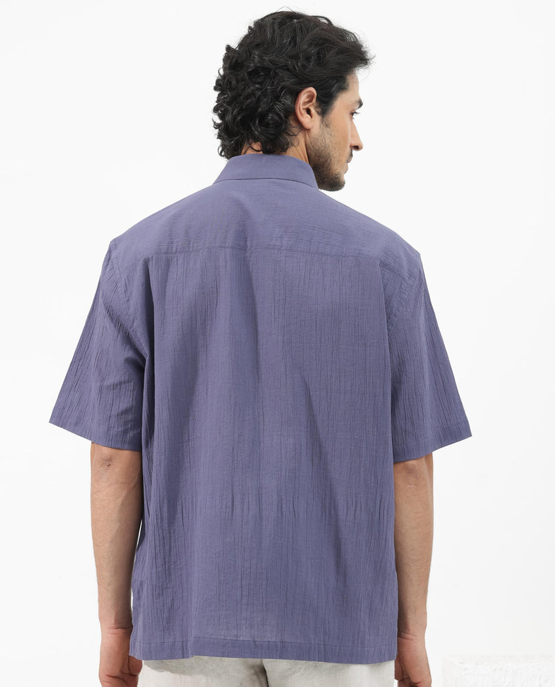 Rare Rabbit Mens Crinkle SS Dusky Purple Cotton Fabric Short Sleeve Boxy Fit Crinkle Effect Solid Shirt