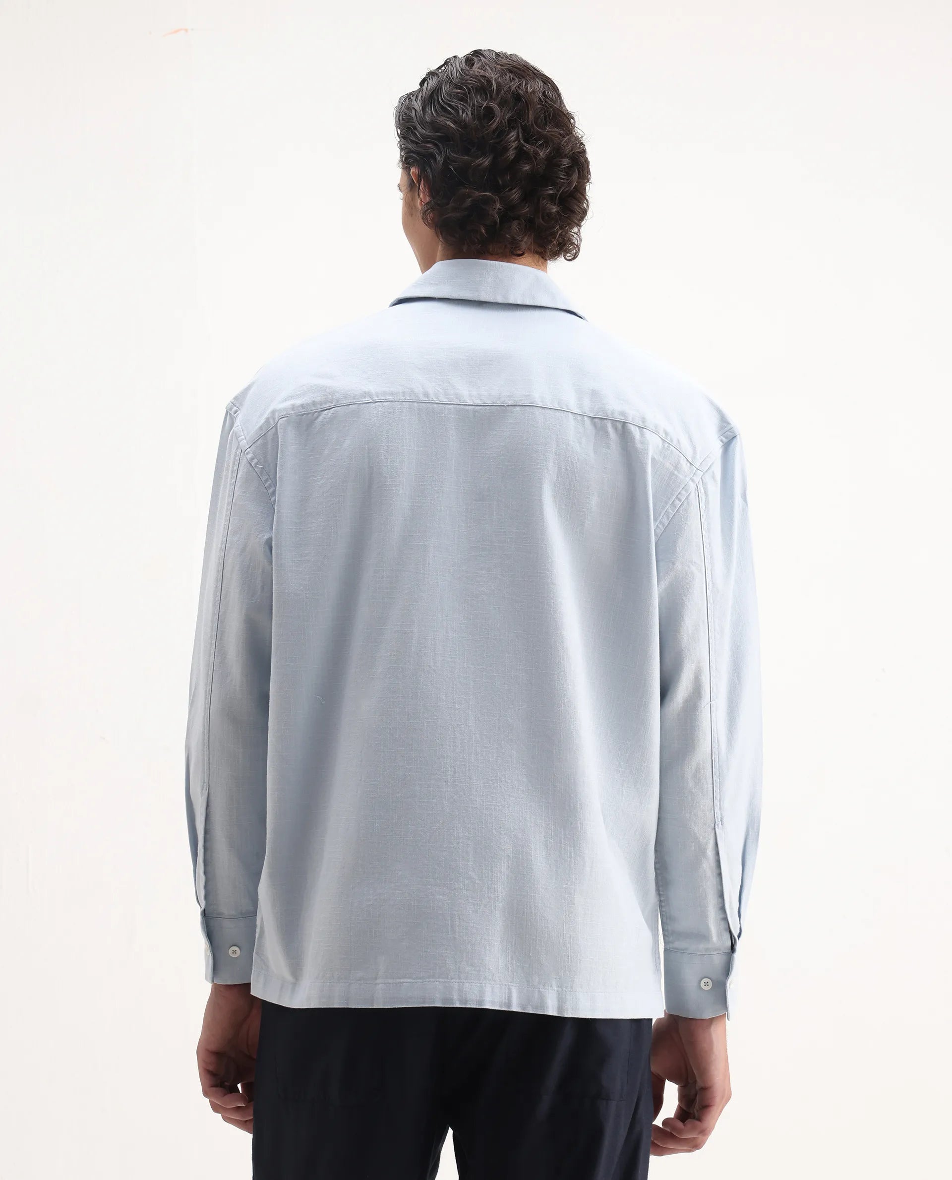 Rare Rabbit Men's Virton Light Blue Cotton Embroidered Regular Fit Full Sleeve Cuban Collar Shirt