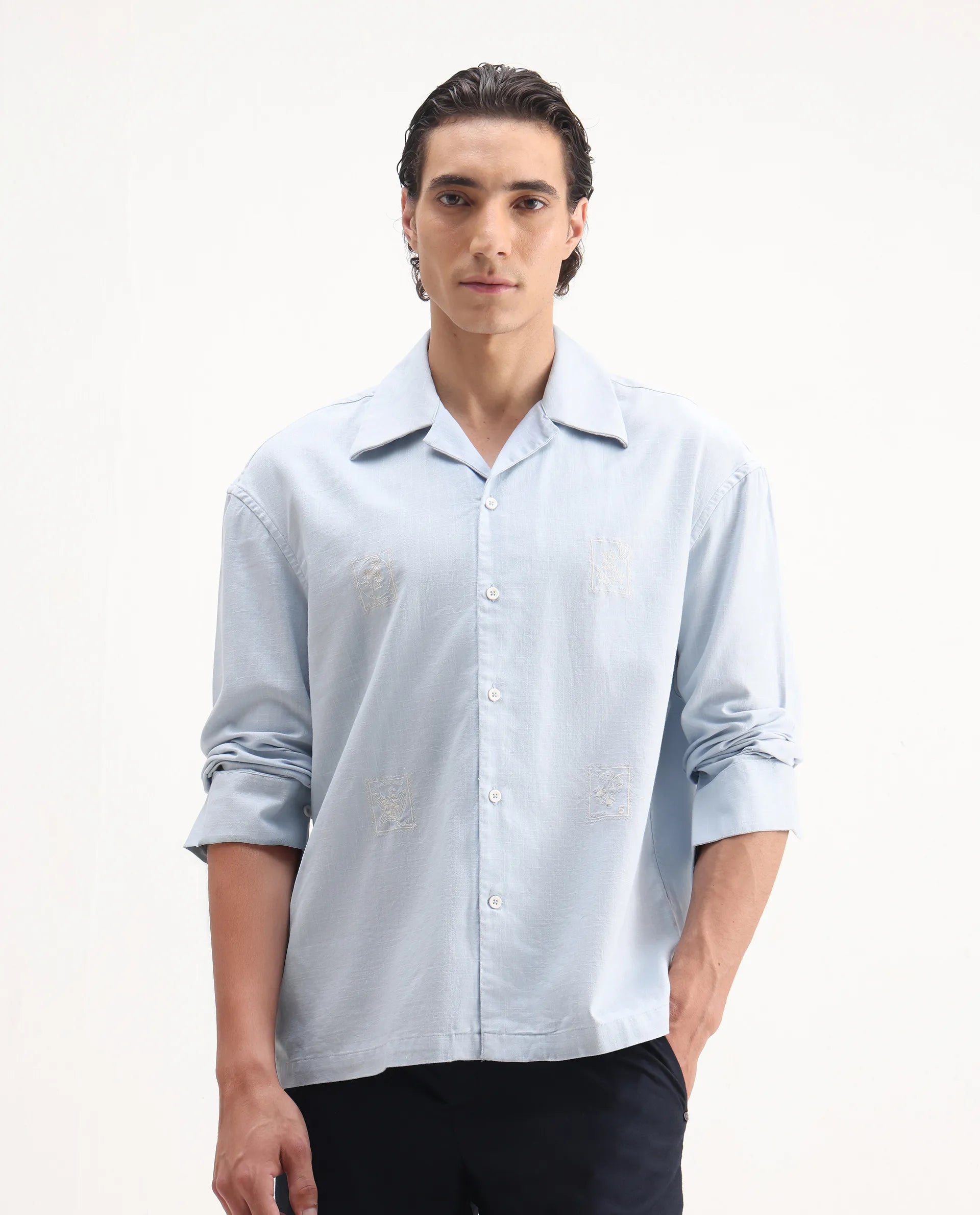 Rare Rabbit Men's Virton Light Blue Cotton Embroidered Regular Fit Full Sleeve Cuban Collar Shirt