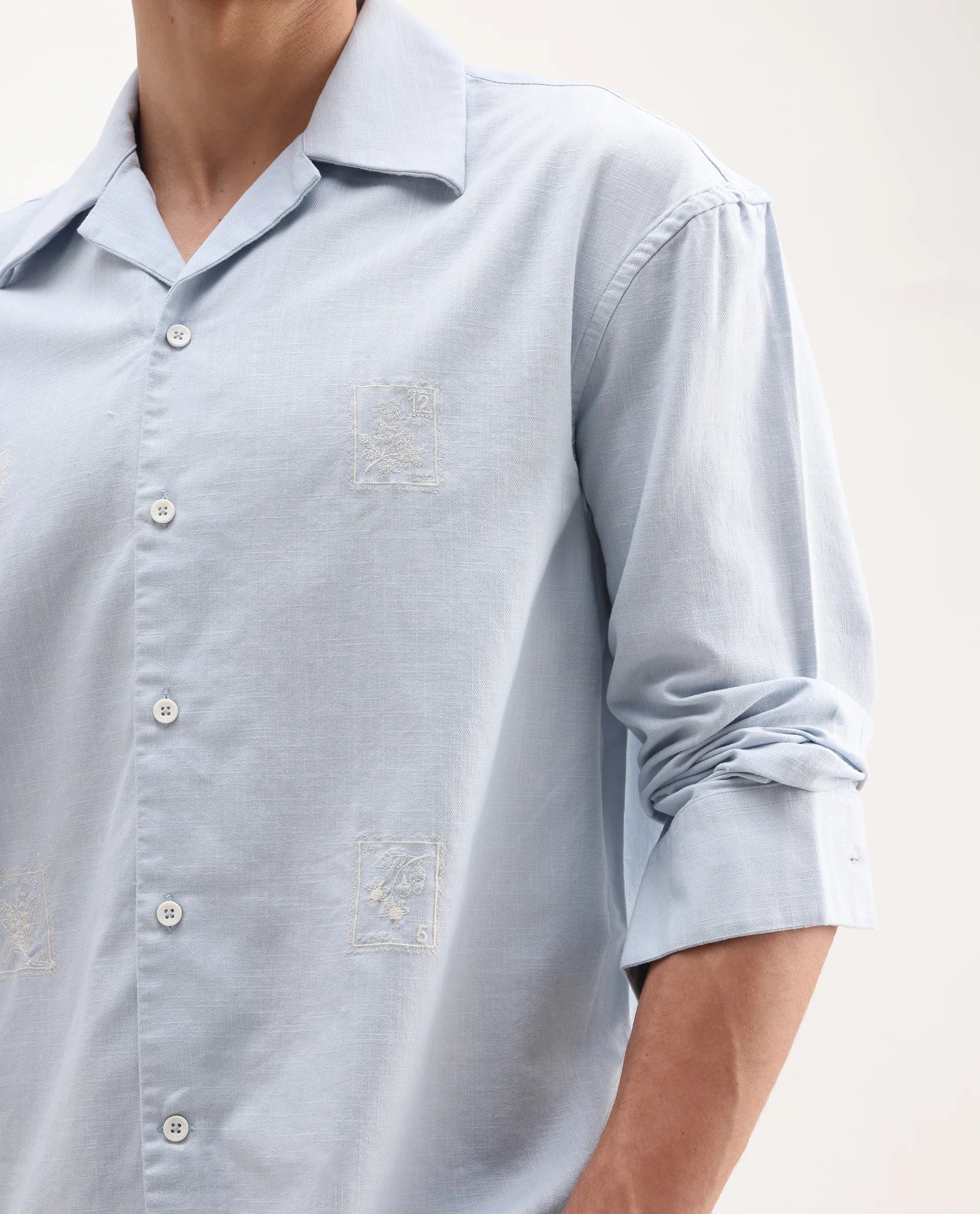 Rare Rabbit Men's Virton Light Blue Cotton Embroidered Regular Fit Full Sleeve Cuban Collar Shirt