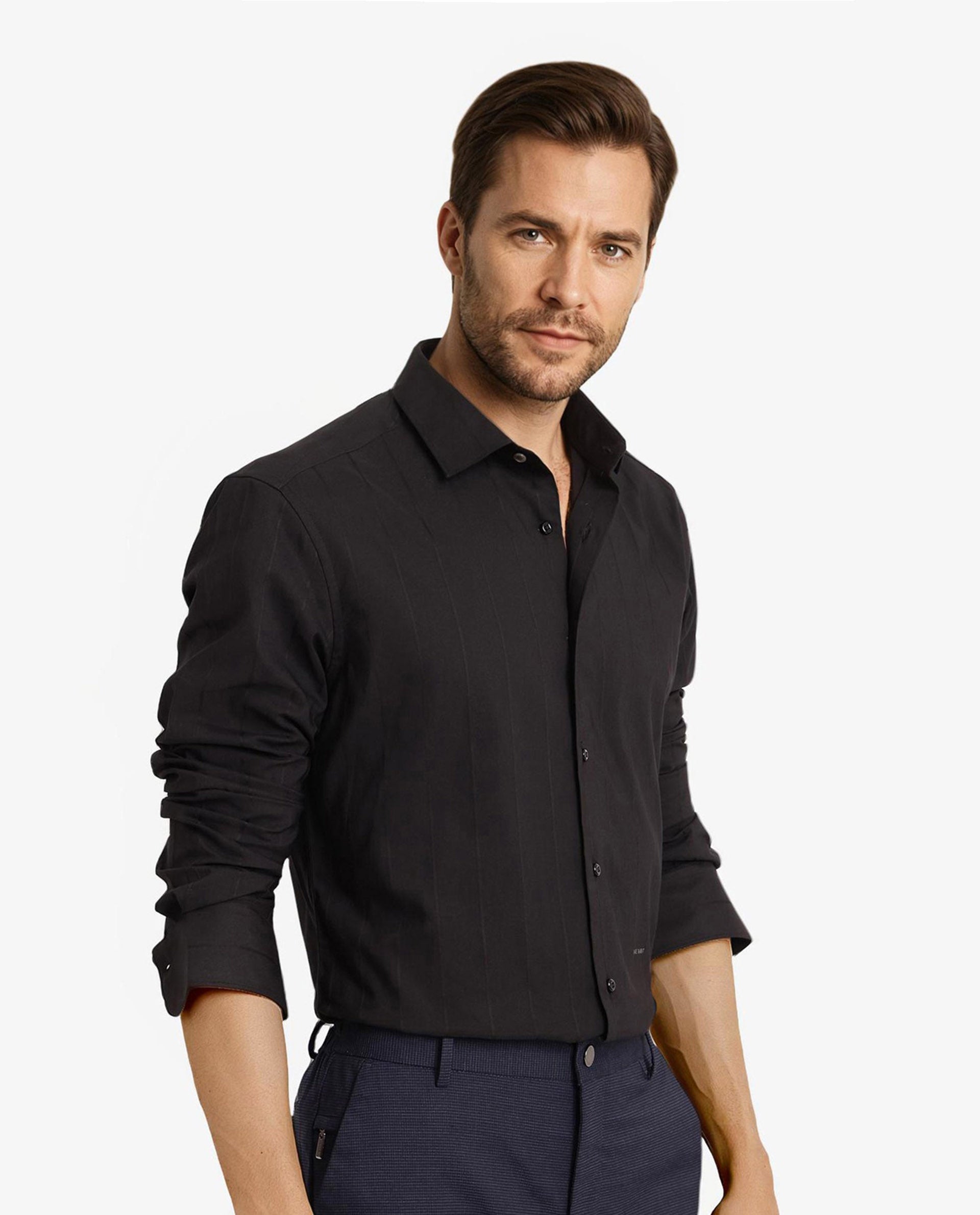 Rare Rabbit Men Vista-1 Black Cotton Polyester Lycra Fabric Full Sleeve Regular Collar Self Stripe Dobby Shirt