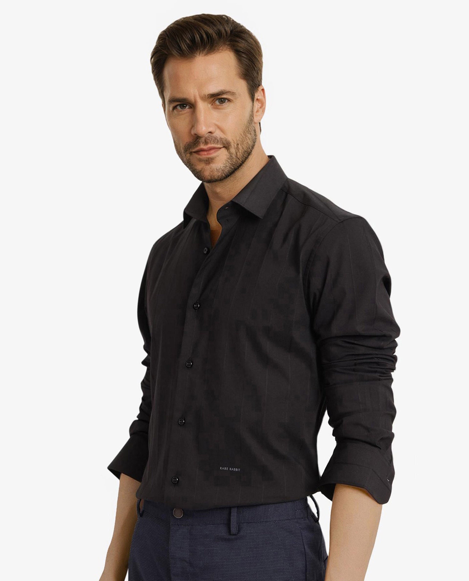 Rare Rabbit Men Vista-1 Black Cotton Polyester Lycra Fabric Full Sleeve Regular Collar Self Stripe Dobby Shirt