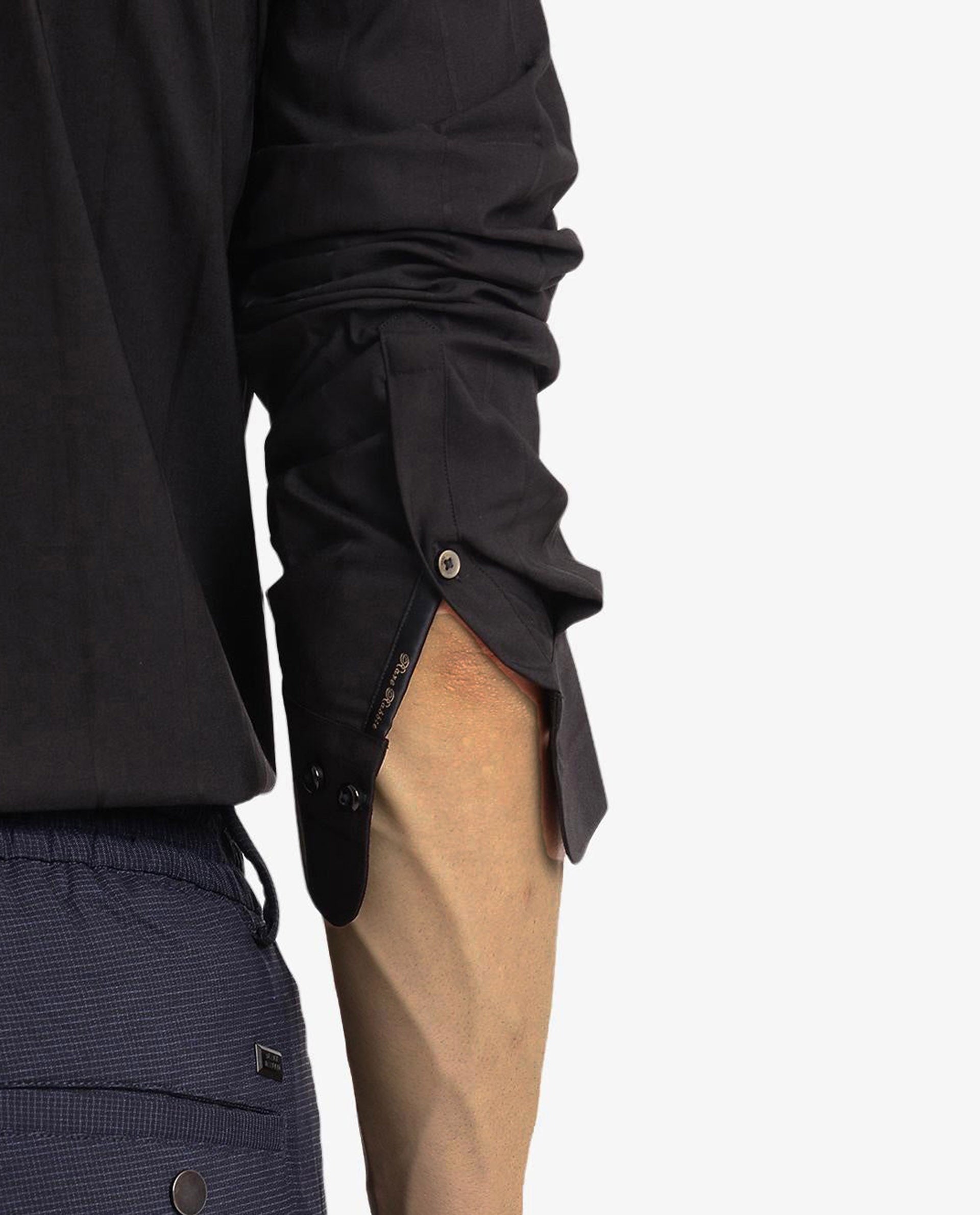 Rare Rabbit Men Vista-1 Black Cotton Polyester Lycra Fabric Full Sleeve Regular Collar Self Stripe Dobby Shirt