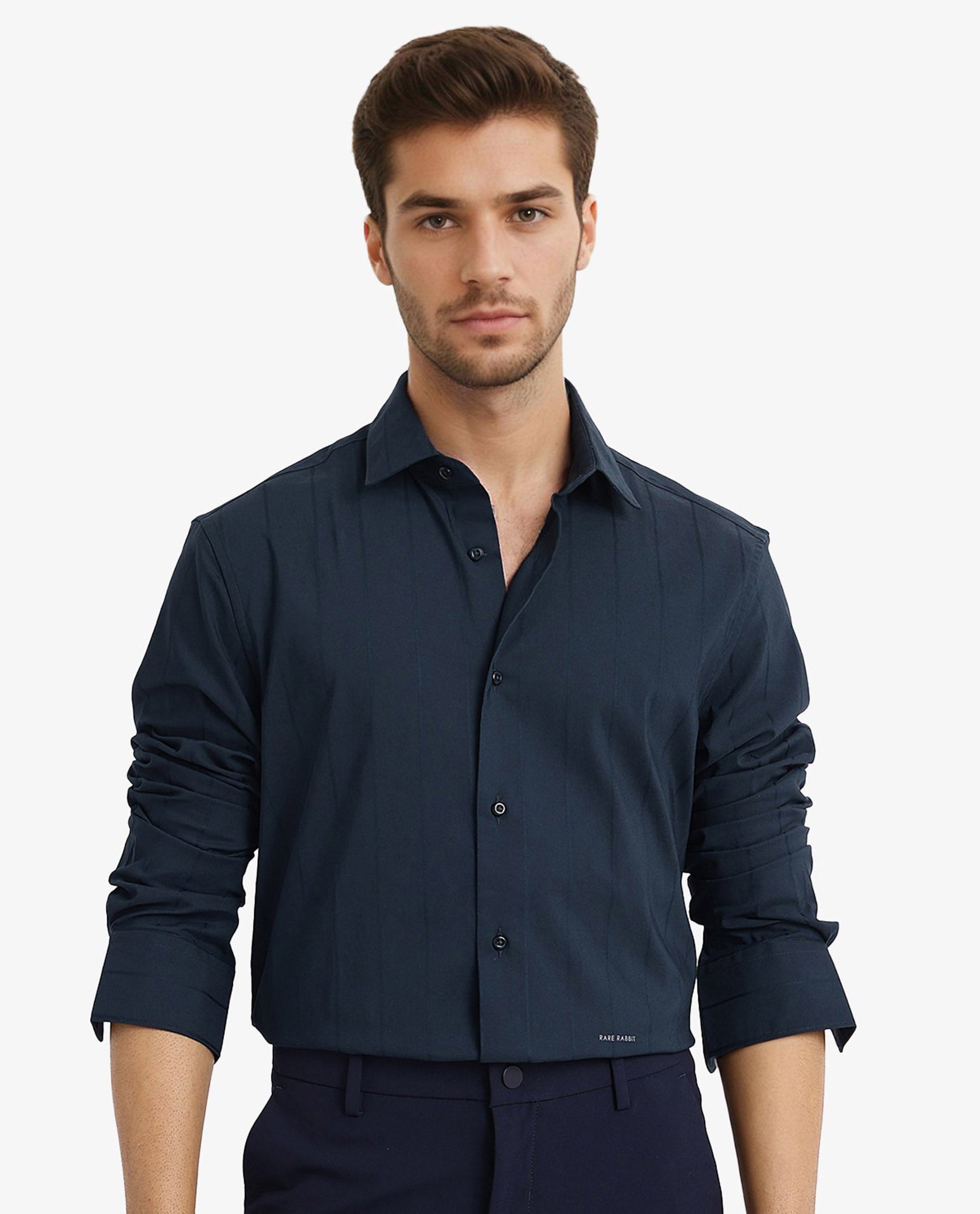Rare Rabbit Men Vista-1 Dark Petrol Cotton Polyester Lycra Fabric Full Sleeve Regular Collar Self Stripe Dobby Shirt