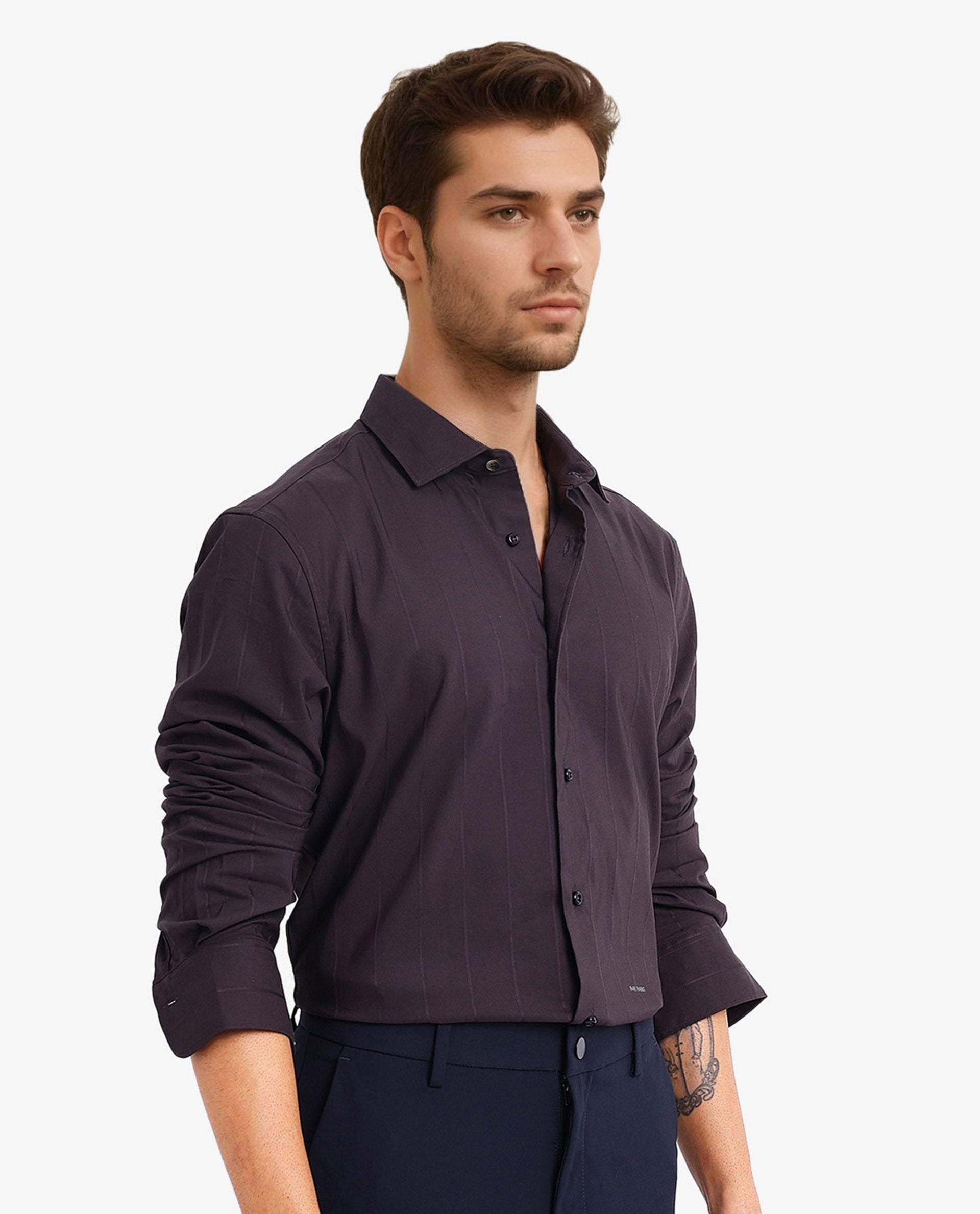 Rare Rabbit Men Vista-1 Dark Purple Cotton Polyester Lycra Fabric Full Sleeve Regular Collar Self Stripe Dobby Shirt