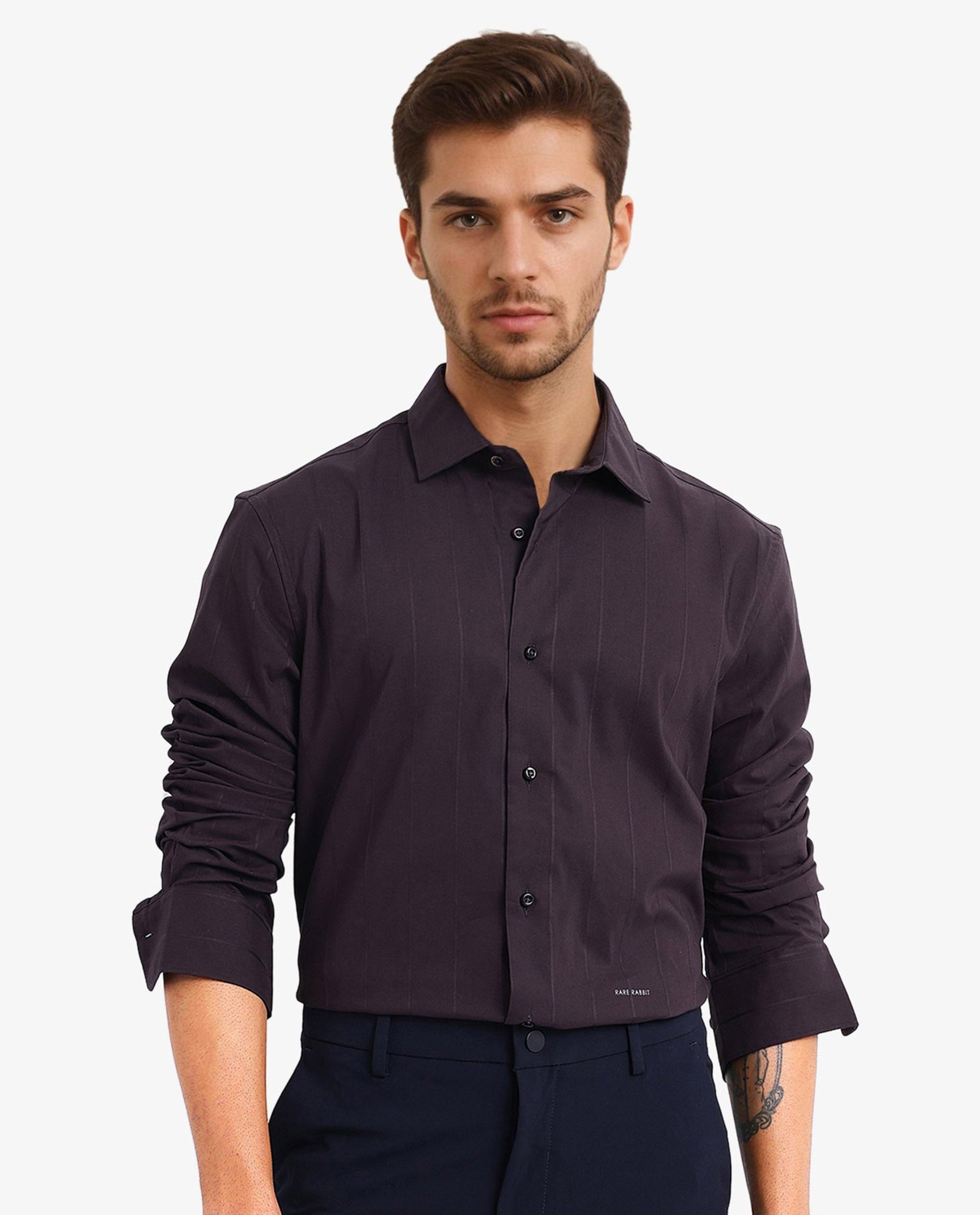 Rare Rabbit Men Vista-1 Dark Purple Cotton Polyester Lycra Fabric Full Sleeve Regular Collar Self Stripe Dobby Shirt