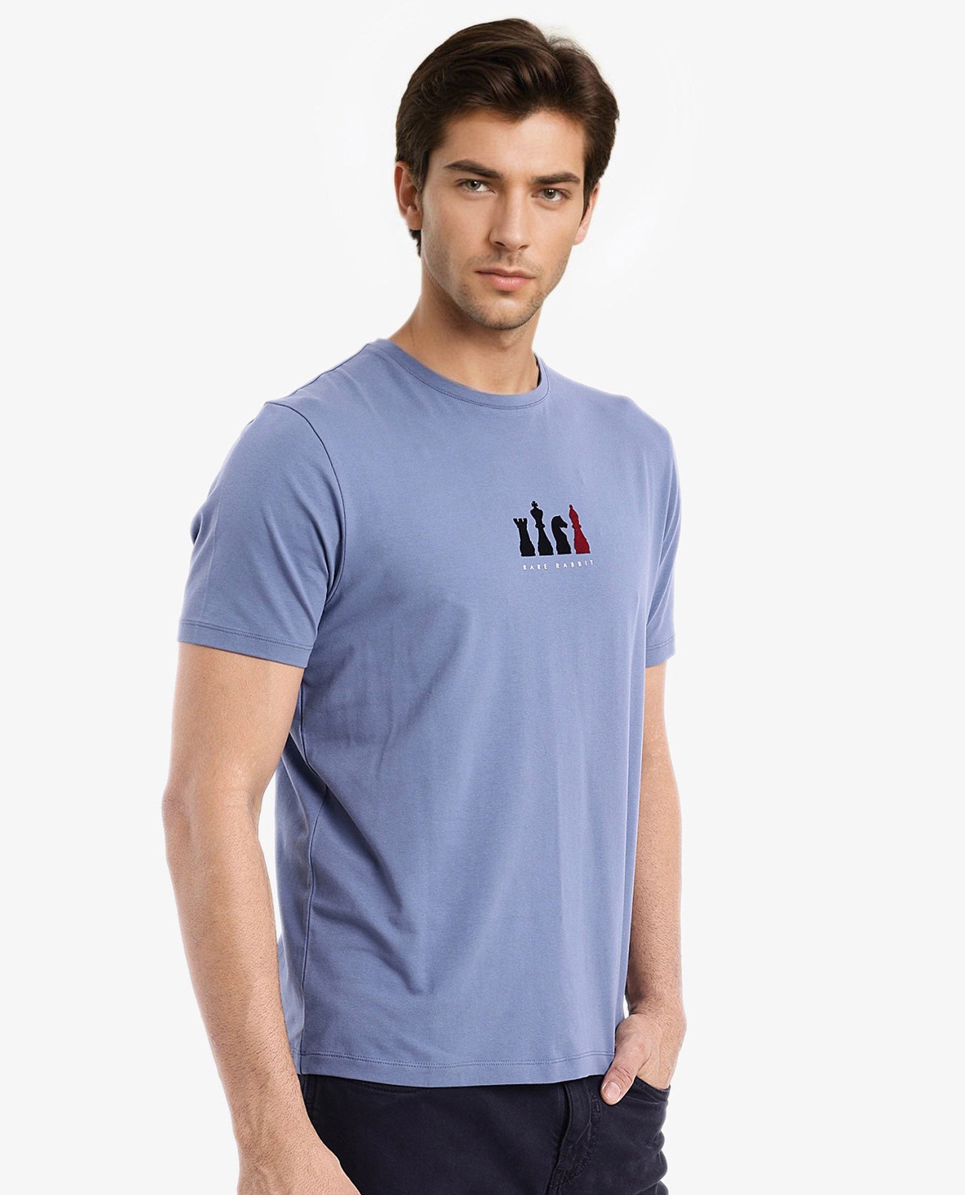 Rare Rabbit Men Vital Dusky Blue Cotton Lycra Fabric Short Sleeve Crew Neck Regular Fit Graphic Flock Print T-Shirt