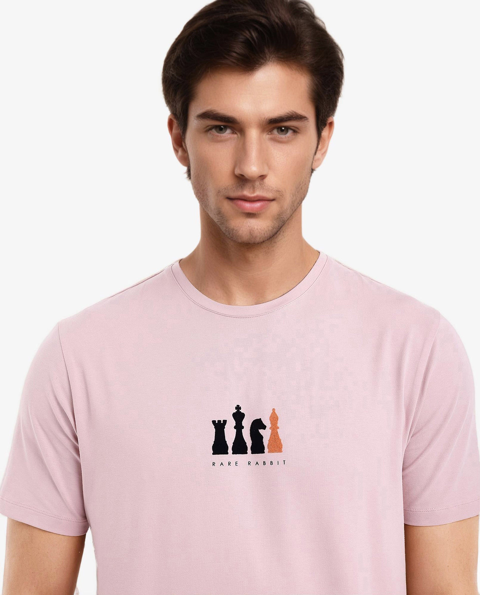Rare Rabbit Men Vital Light Pink Cotton Lycra Fabric Short Sleeve Crew Neck Regular Fit Graphic Flock Print T-Shirt