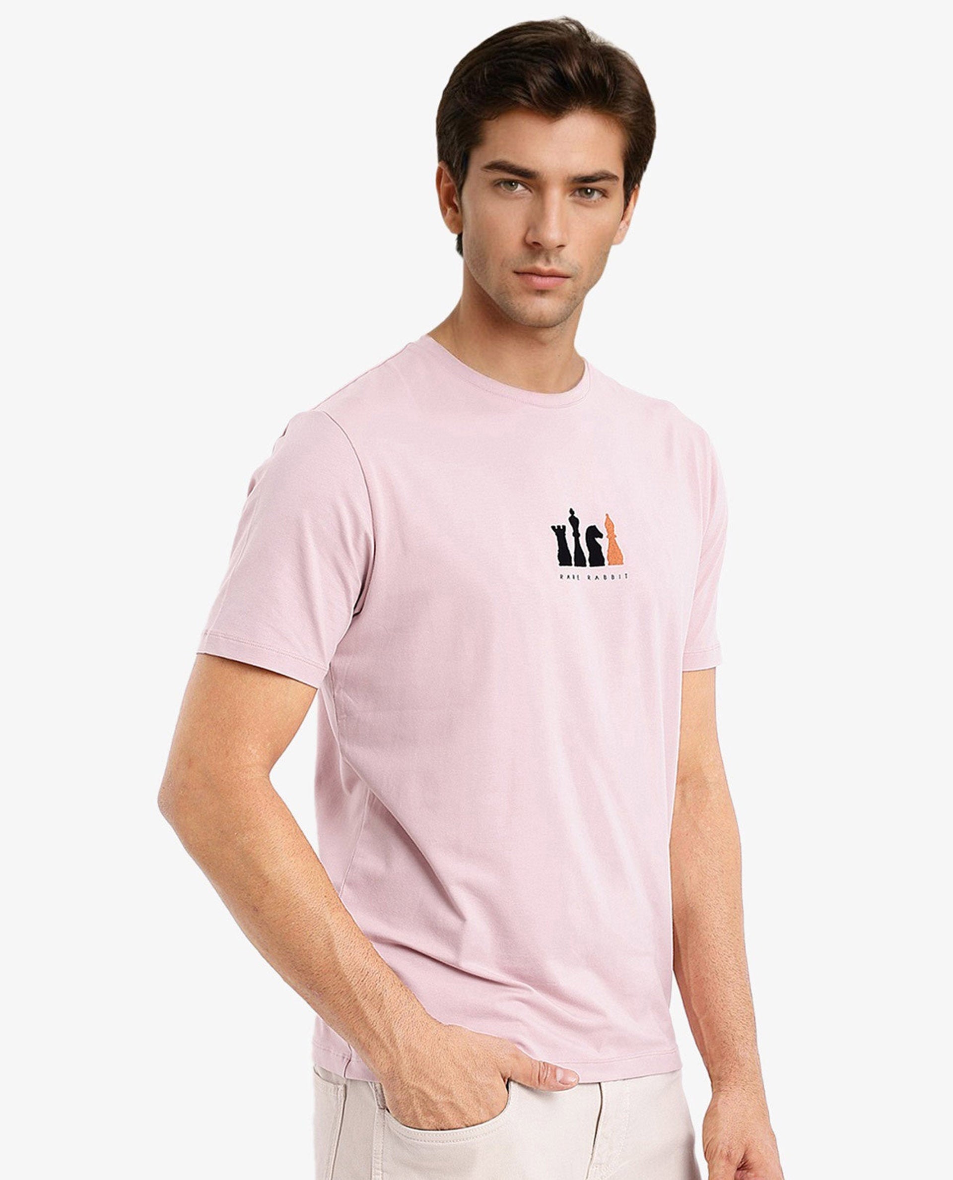 Rare Rabbit Men Vital Light Pink Cotton Lycra Fabric Short Sleeve Crew Neck Regular Fit Graphic Flock Print T-Shirt