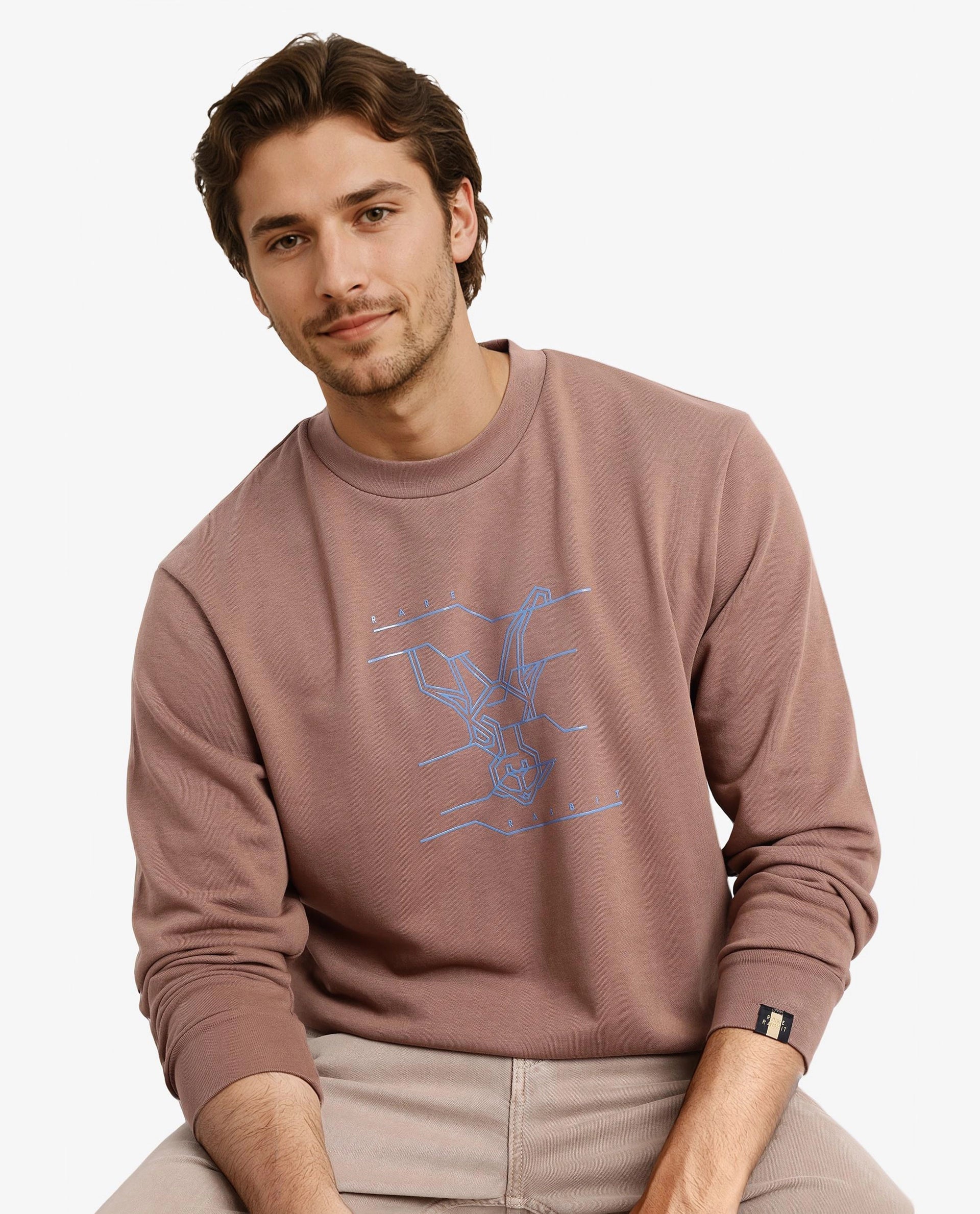 Rare Rabbit Men Viton Dusky Brown Cotton Poly Fabric Full Sleeve Crew Neck Plain Sweatshirt
