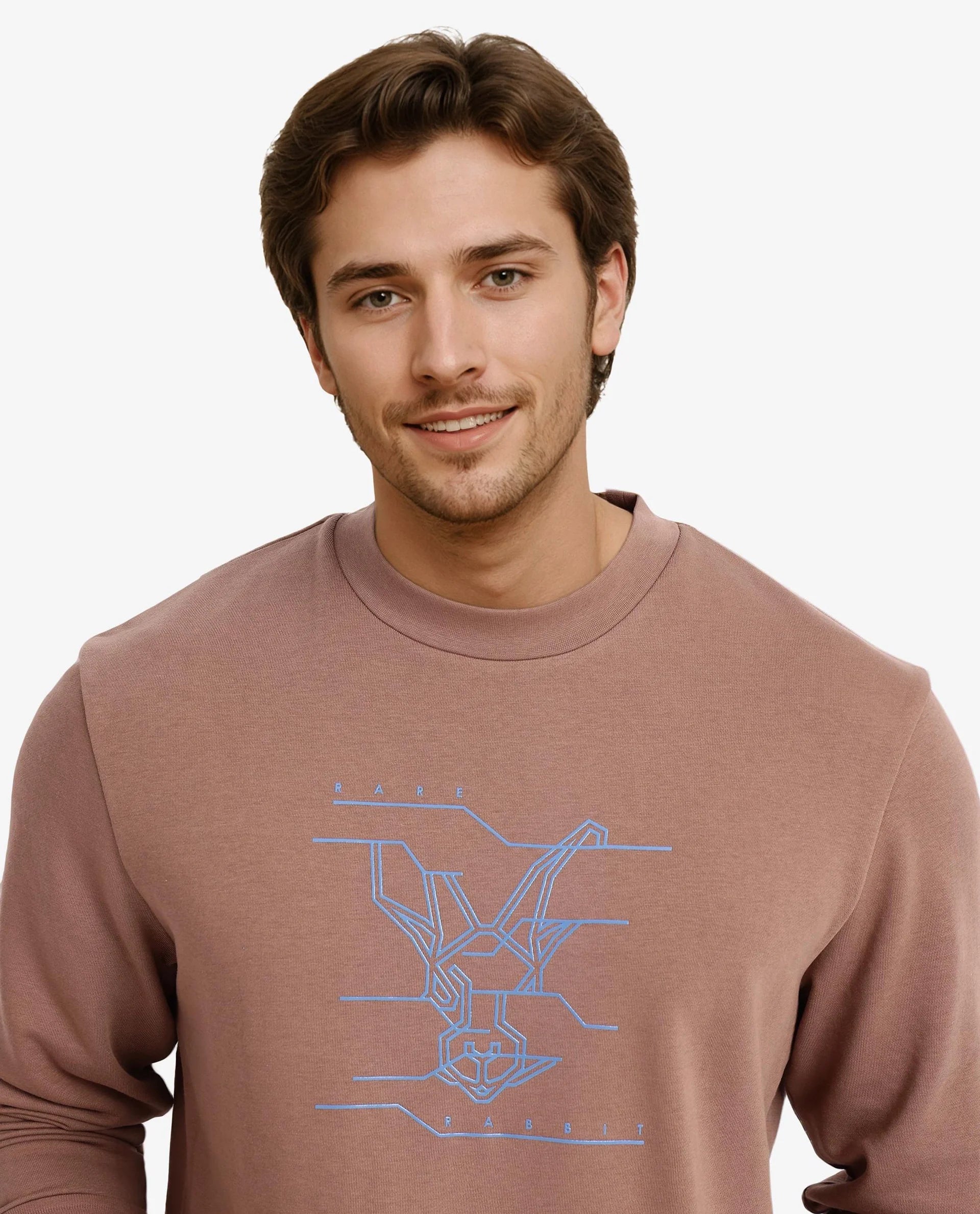 Rare Rabbit Men Viton Dusky Brown Cotton Poly Fabric Full Sleeve Crew Neck Plain Sweatshirt