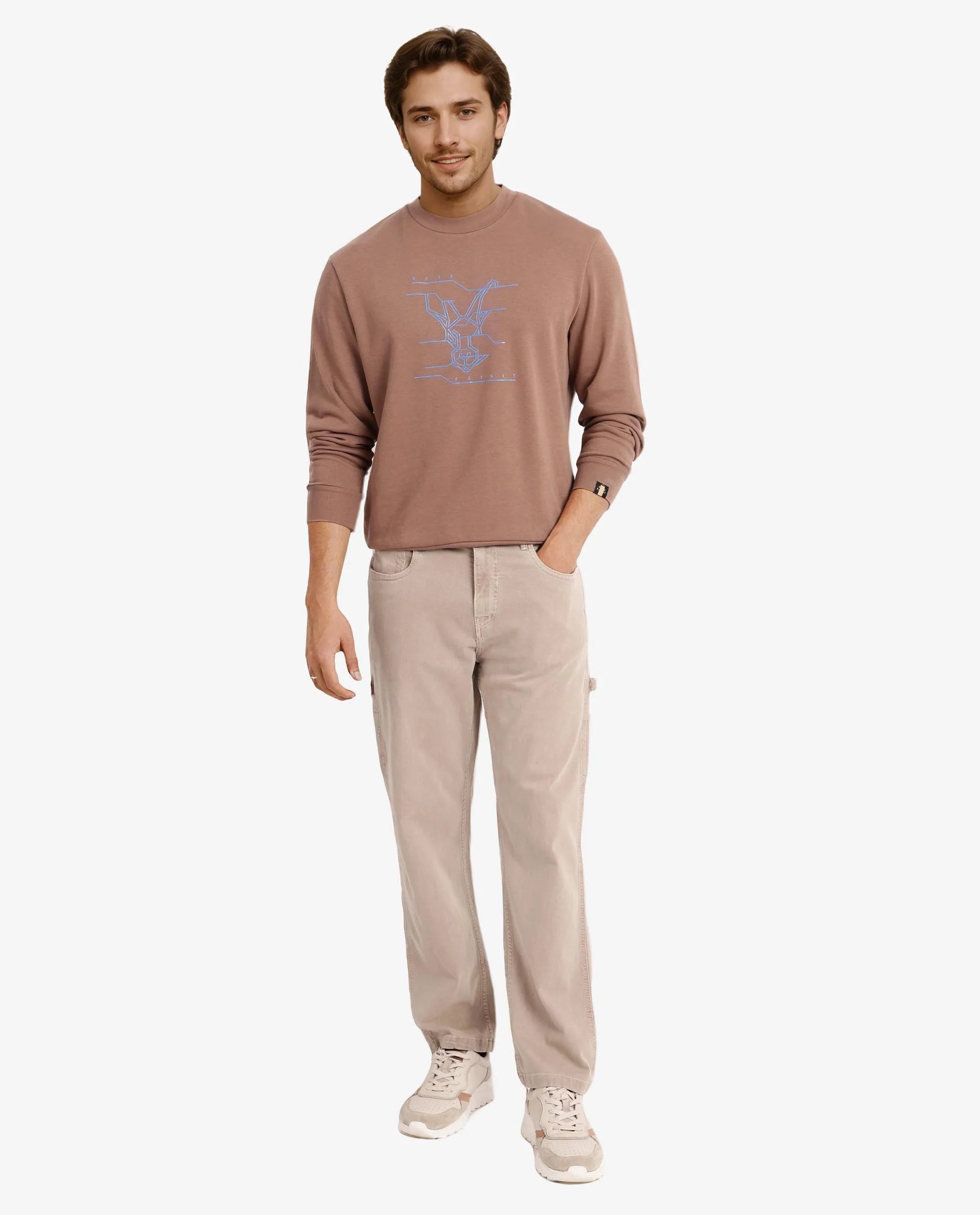 Rare Rabbit Men Viton Dusky Brown Cotton Poly Fabric Full Sleeve Crew Neck Plain Sweatshirt