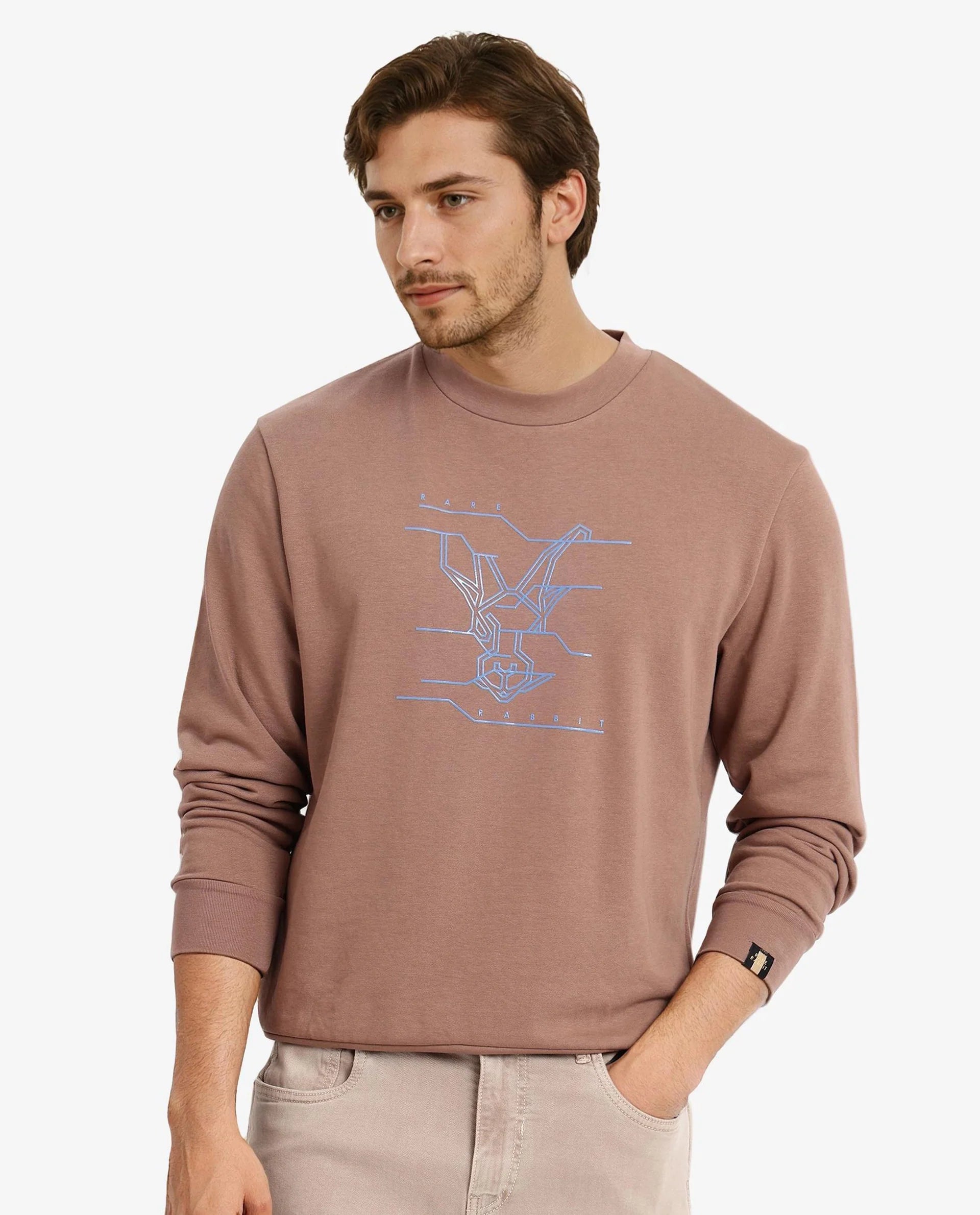Rare Rabbit Men Viton Dusky Brown Cotton Poly Fabric Full Sleeve Crew Neck Plain Sweatshirt