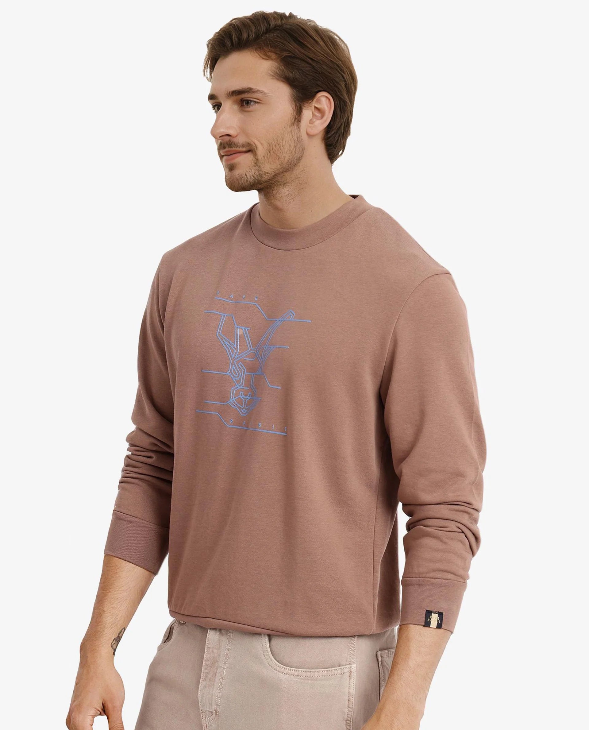 Rare Rabbit Men Viton Dusky Brown Cotton Poly Fabric Full Sleeve Crew Neck Plain Sweatshirt
