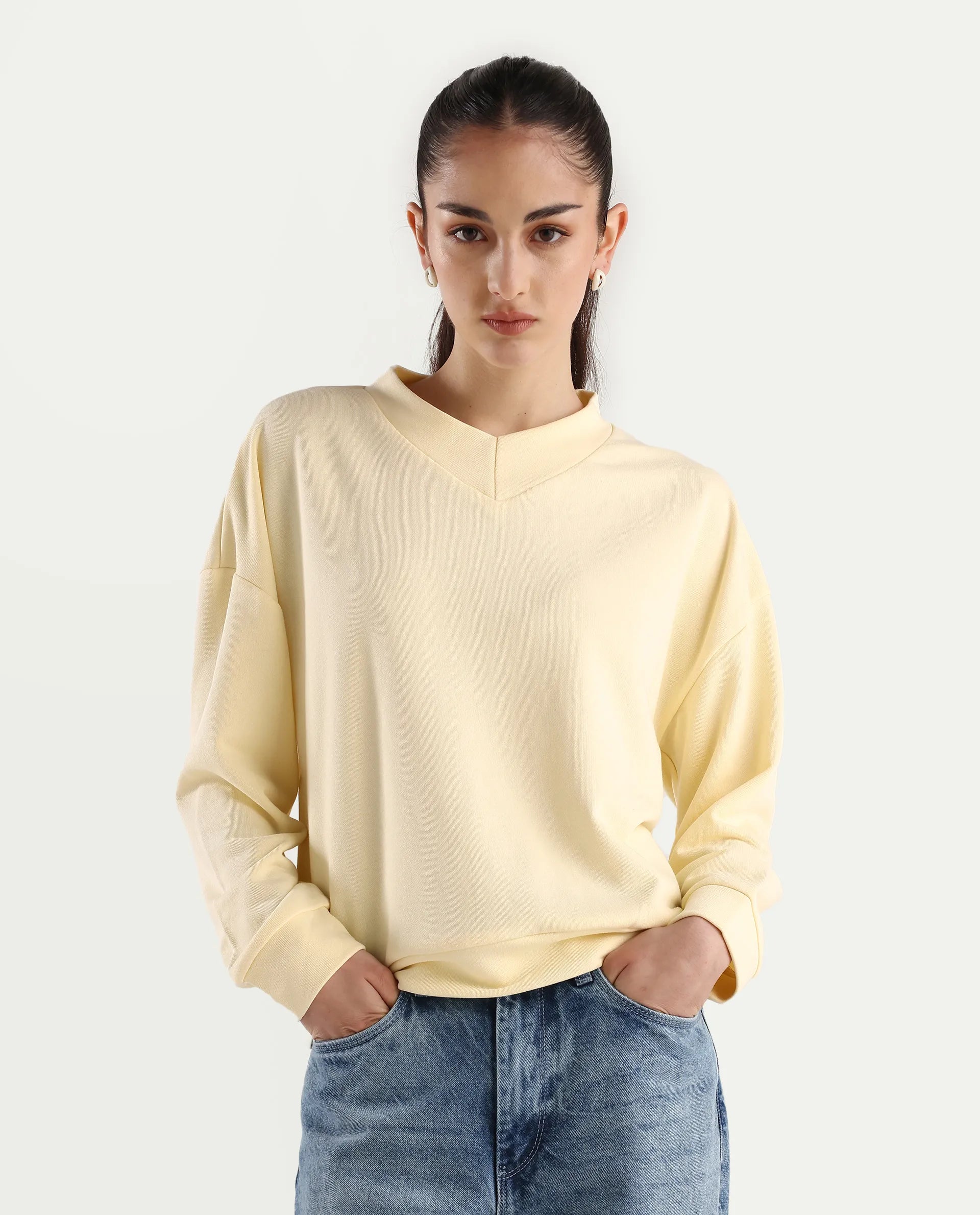 Rareism Women's Vitoo Light Yellow Cotton Blend Crew Neck Plain Relaxed Fit Sweatshirt