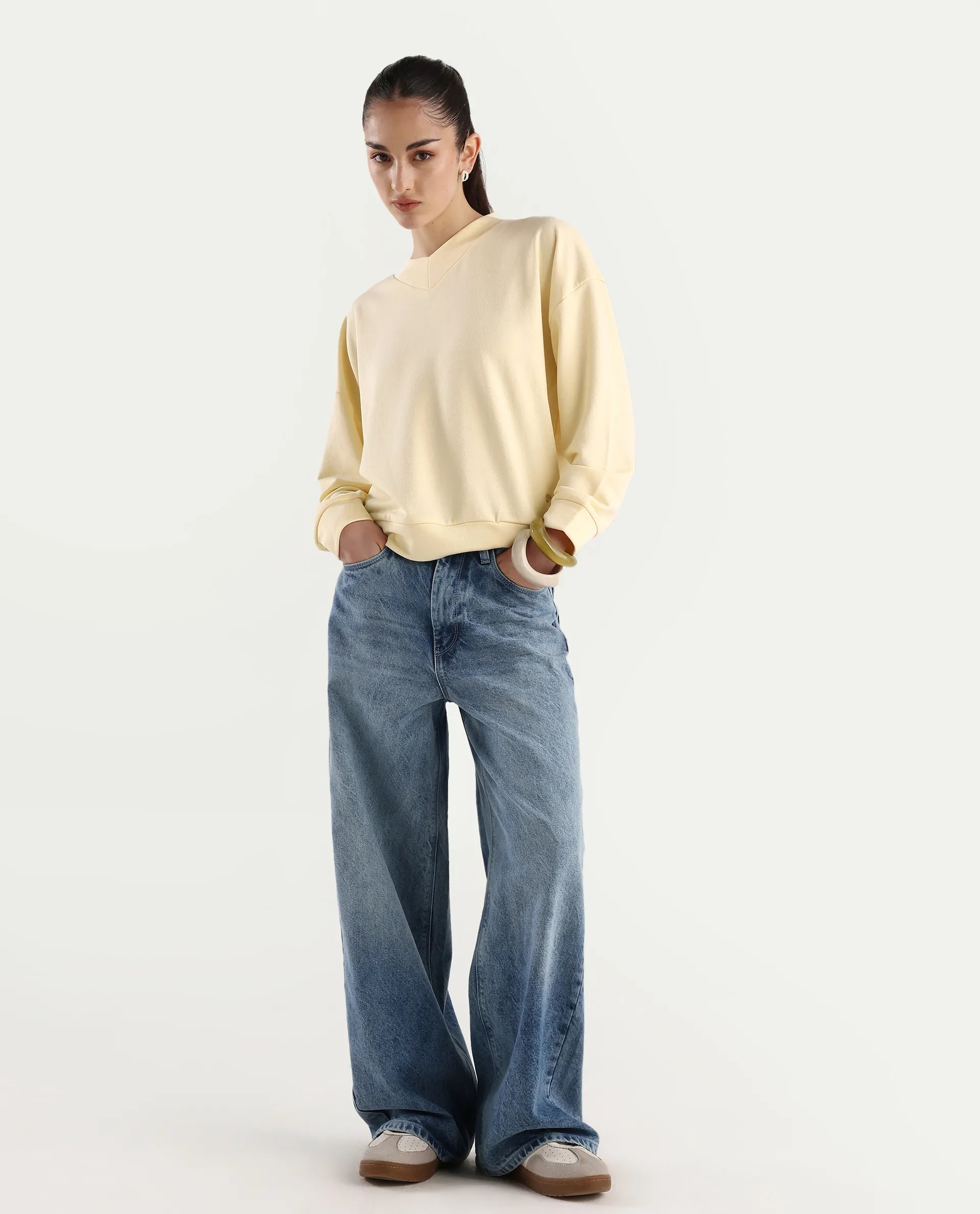 Rareism Women's Vitoo Light Yellow Cotton Blend Crew Neck Plain Relaxed Fit Sweatshirt