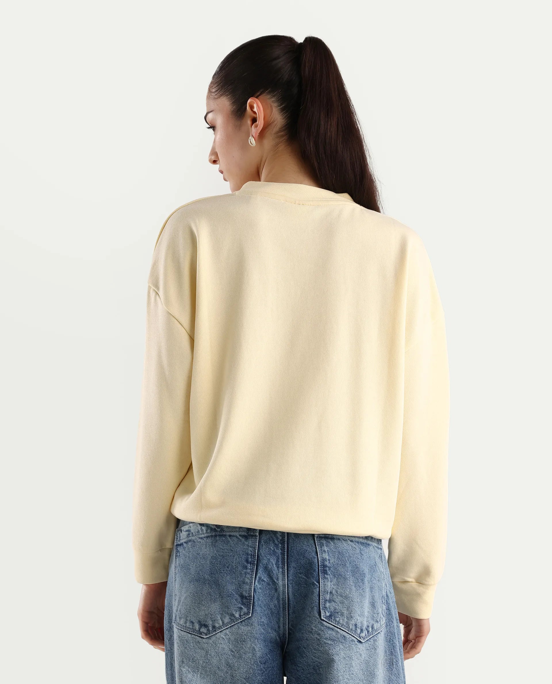 Rareism Women's Vitoo Light Yellow Cotton Blend Crew Neck Plain Relaxed Fit Sweatshirt