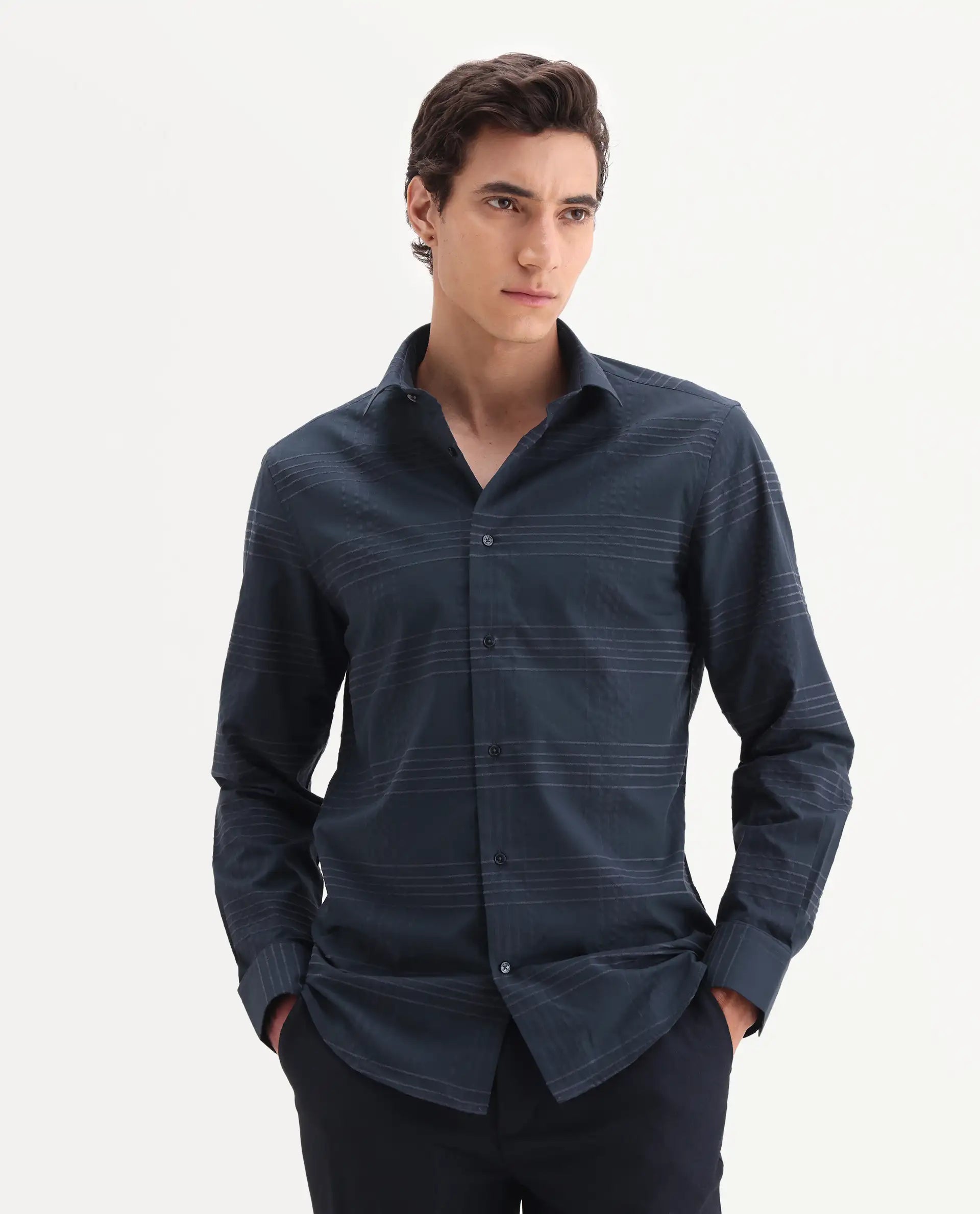 Rare Rabbit Men's Vola-25 Dark Navy Cotton Fabric Full Sleeve Regular Fit Checked Shirt