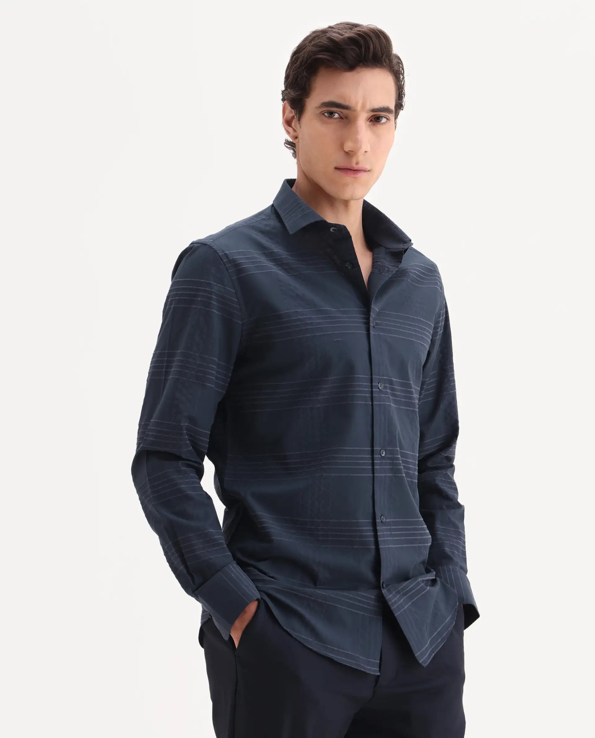 Rare Rabbit Men's Vola-25 Dark Navy Cotton Fabric Full Sleeve Regular Fit Checked Shirt