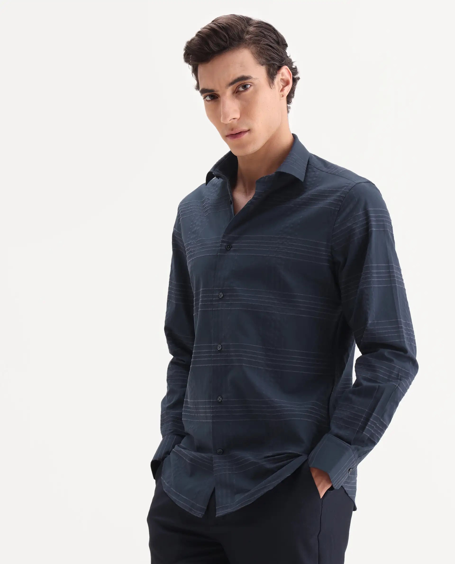 Rare Rabbit Men's Vola-25 Dark Navy Cotton Fabric Full Sleeve Regular Fit Checked Shirt