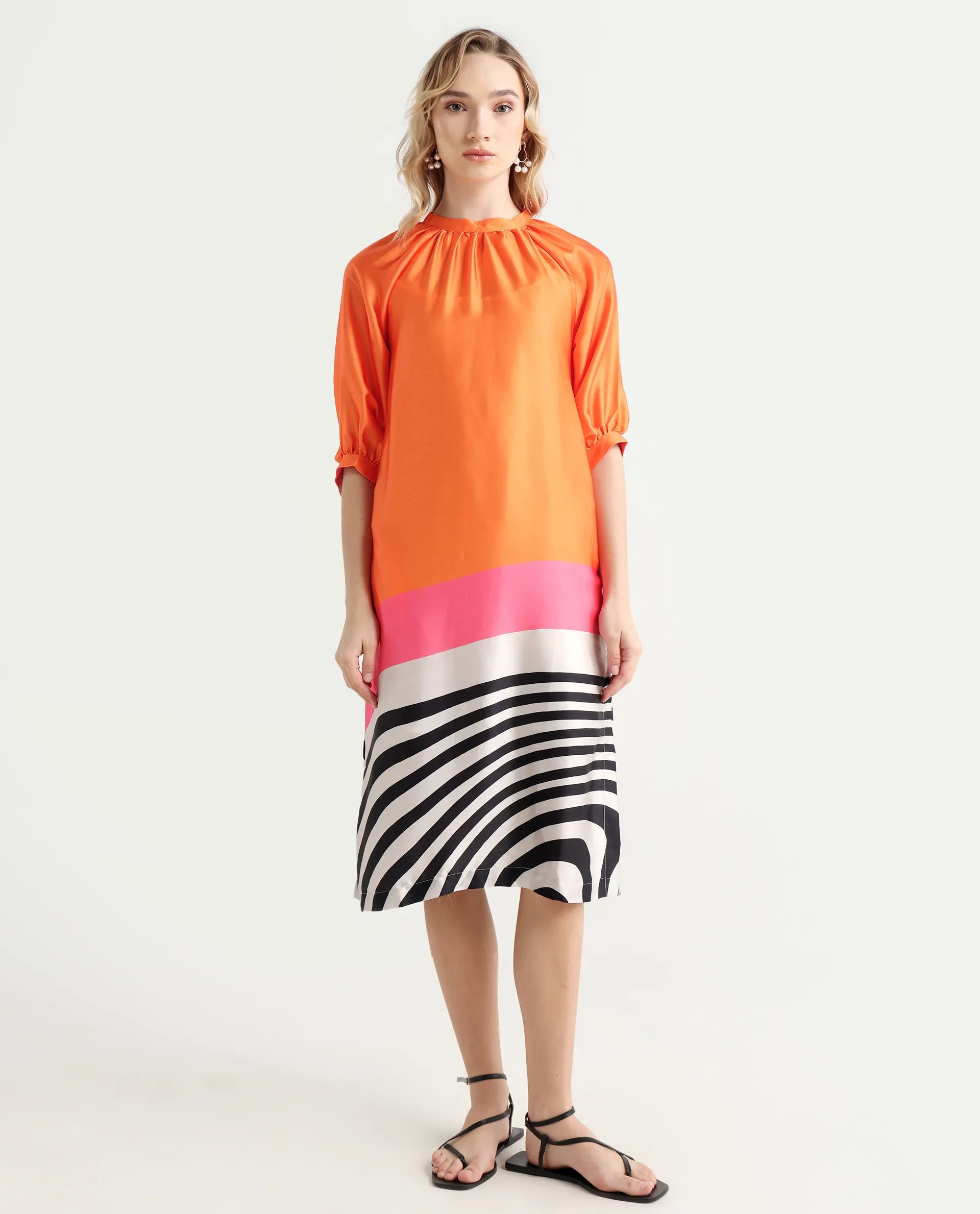 Rareism Women's Waldsa Orange Polyester Blend High Neck Abstract Print Raglan Sleeve Midi Regular Fit Dress