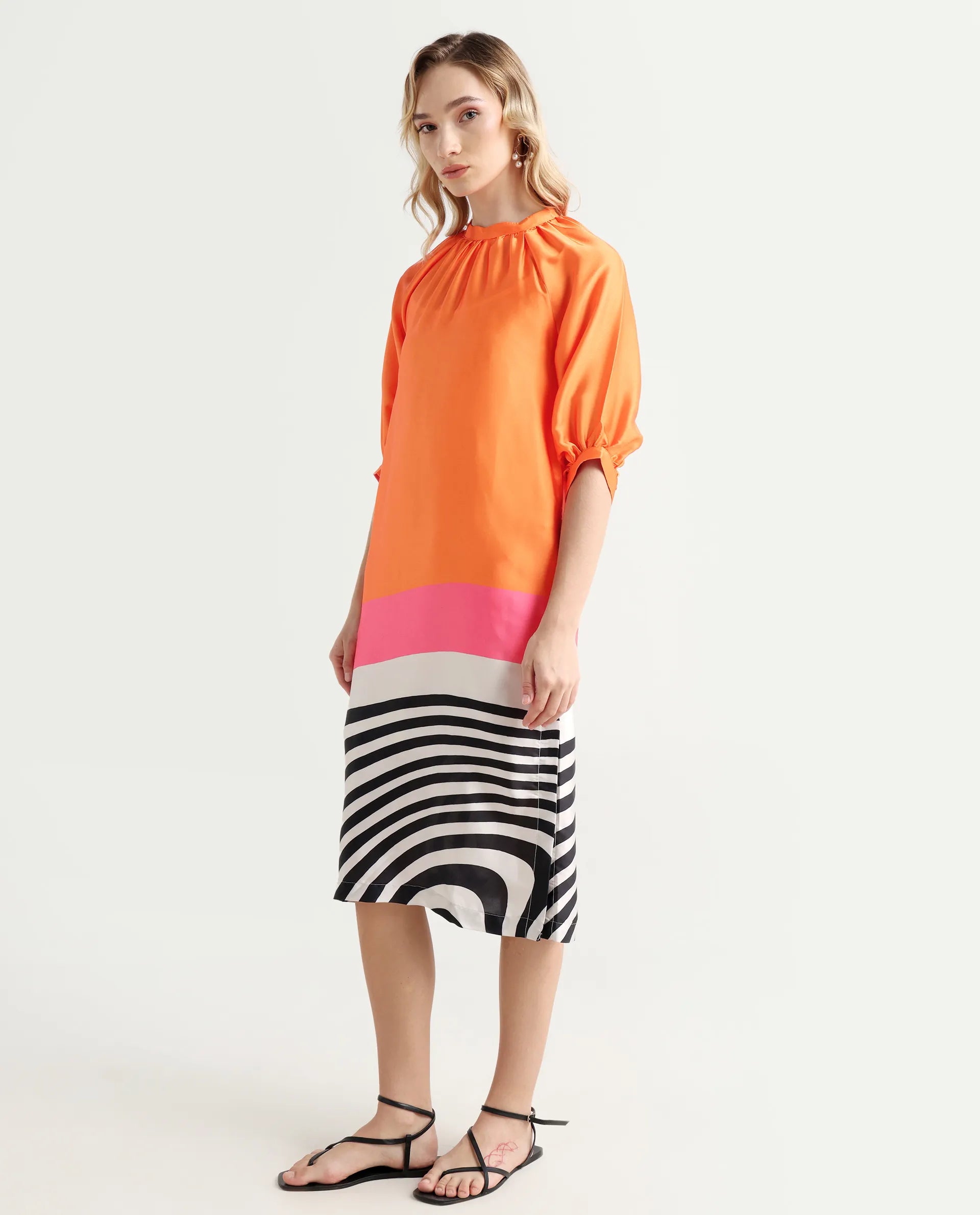 Rareism Women's Waldsa Orange Polyester Blend High Neck Abstract Print Raglan Sleeve Midi Regular Fit Dress