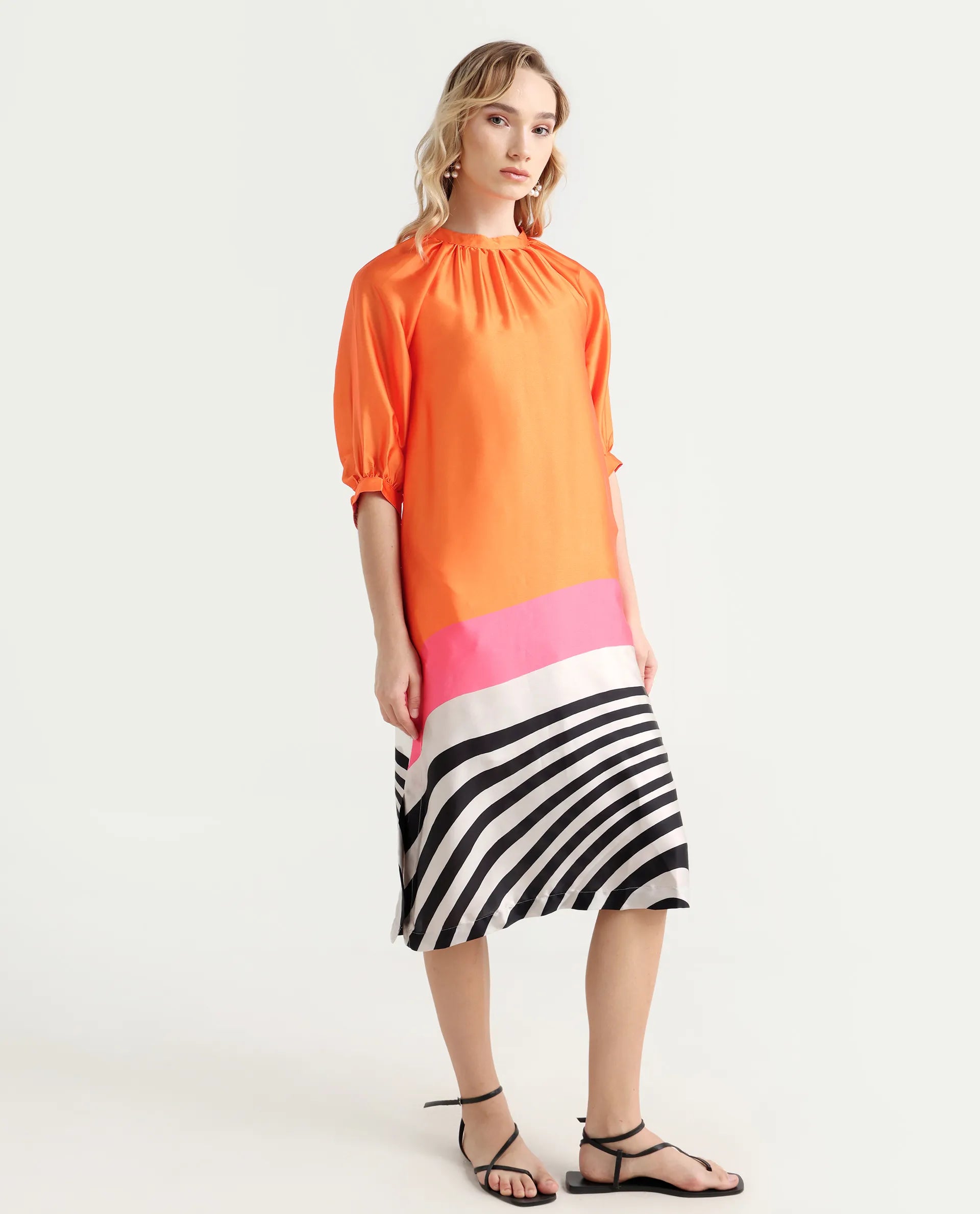 Rareism Women's Waldsa Orange Polyester Blend High Neck Abstract Print Raglan Sleeve Midi Regular Fit Dress