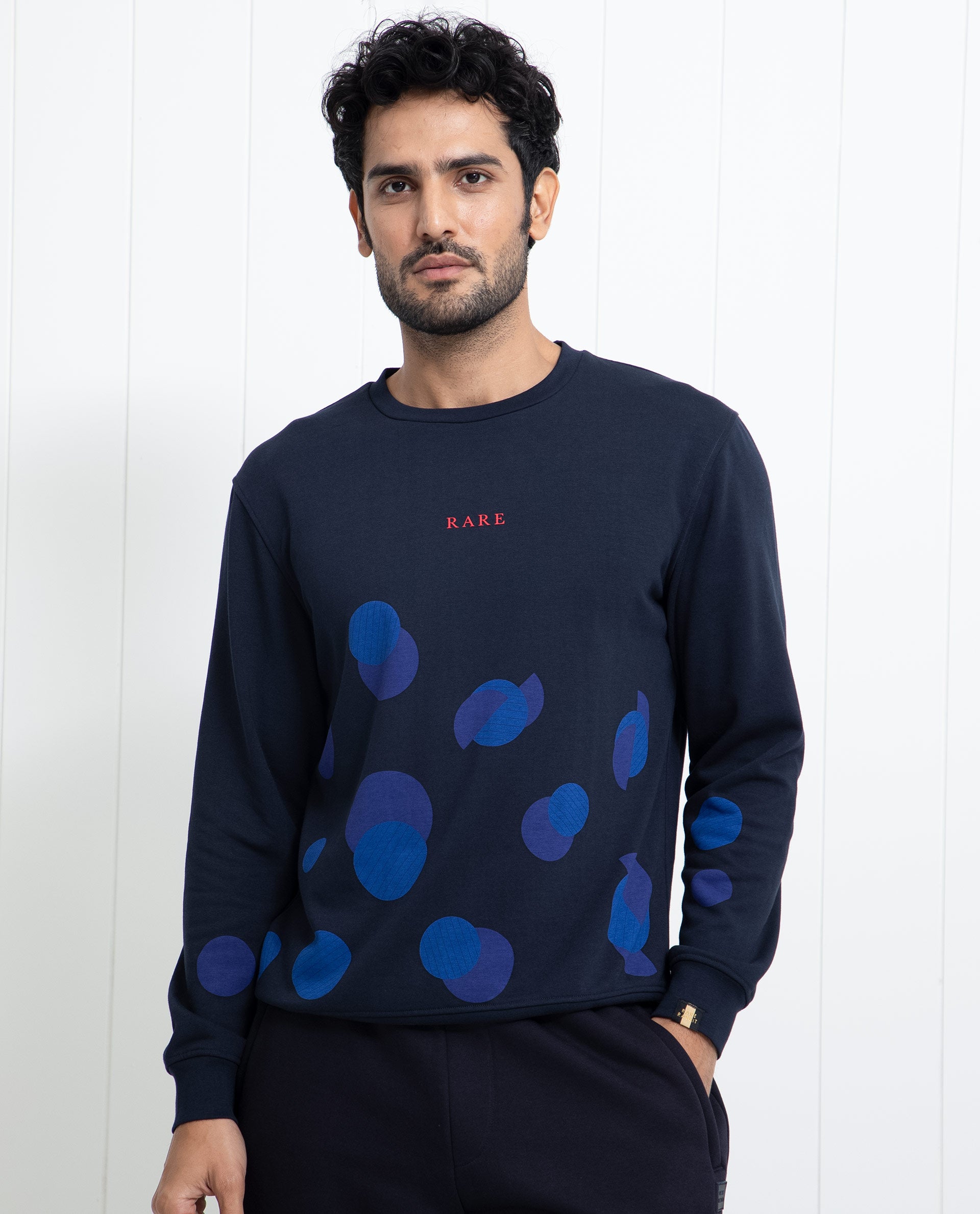 Rare Rabbit Men's Waltz Navy Cotton Polyester Fabric Full Sleeves Graphic Print Knitted Sweatshirt